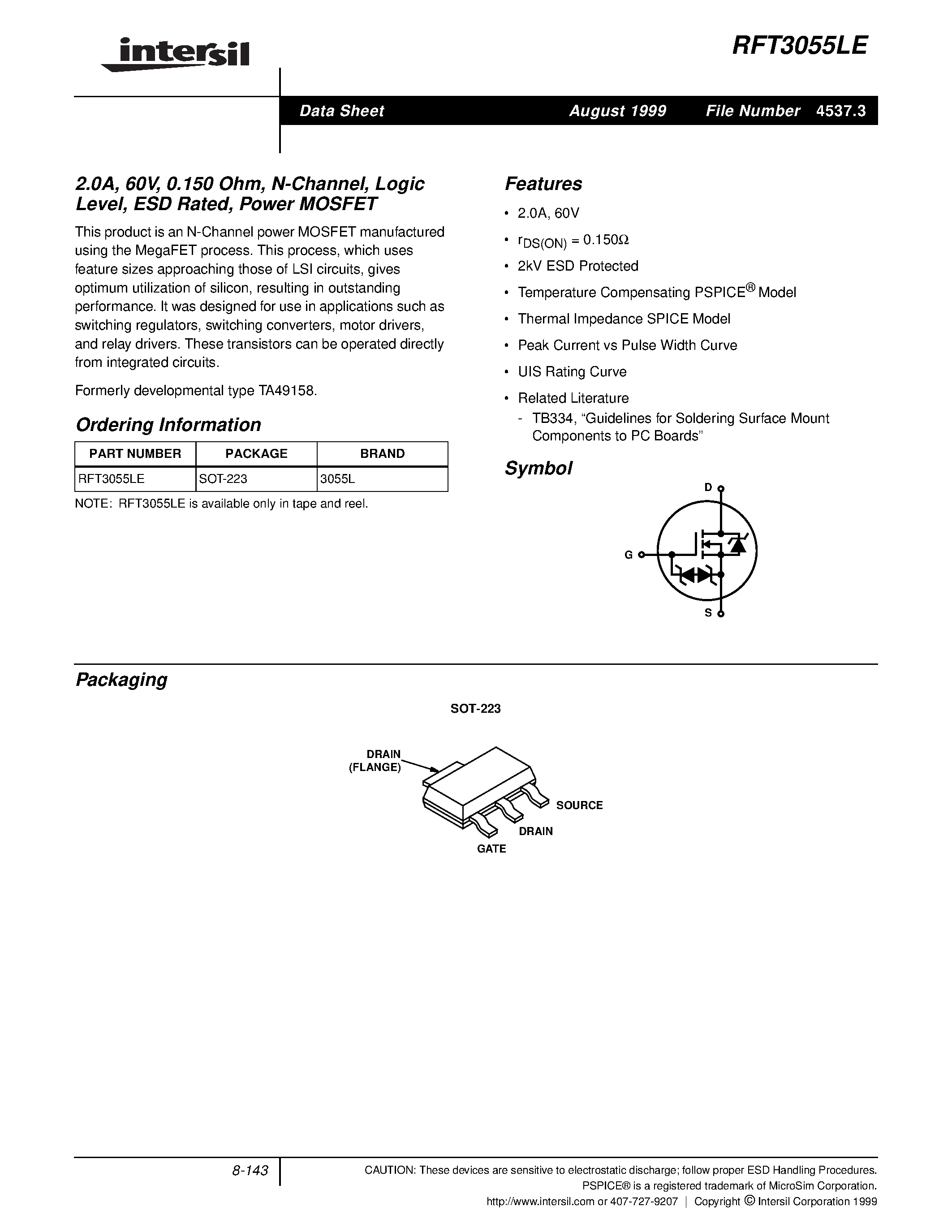 Даташит RFT3055 - 2.0A/ 60V/ 0.150 Ohm/ N-Channel/ Logic Level/ ESD Rated/ Power MOSFET страница 1