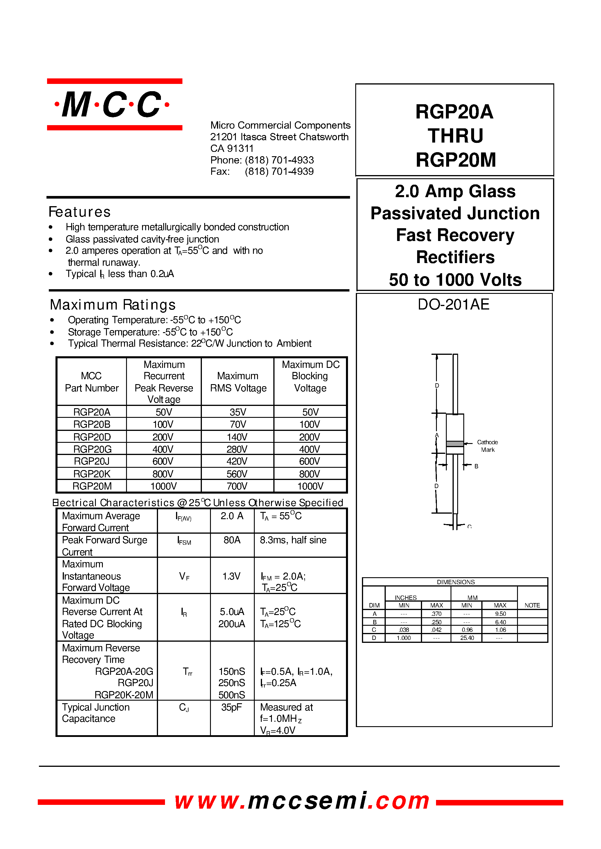 Даташит RGP20A - 2.0 Amp Glass Passivated Junction Fast Recovery Rectifiers 50 to 1000 Volts страница 1