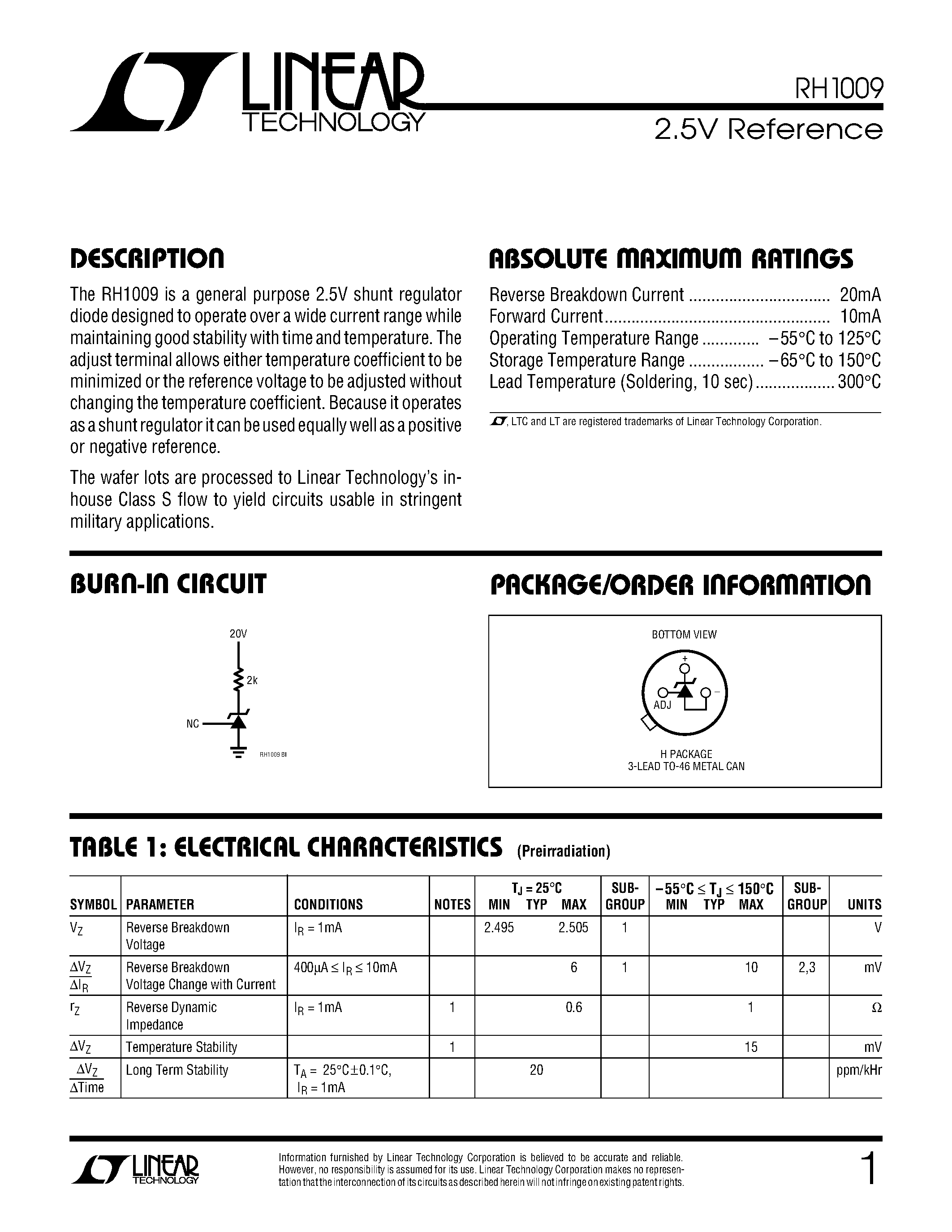 Даташит RH1009 - 2.5V Reference страница 1