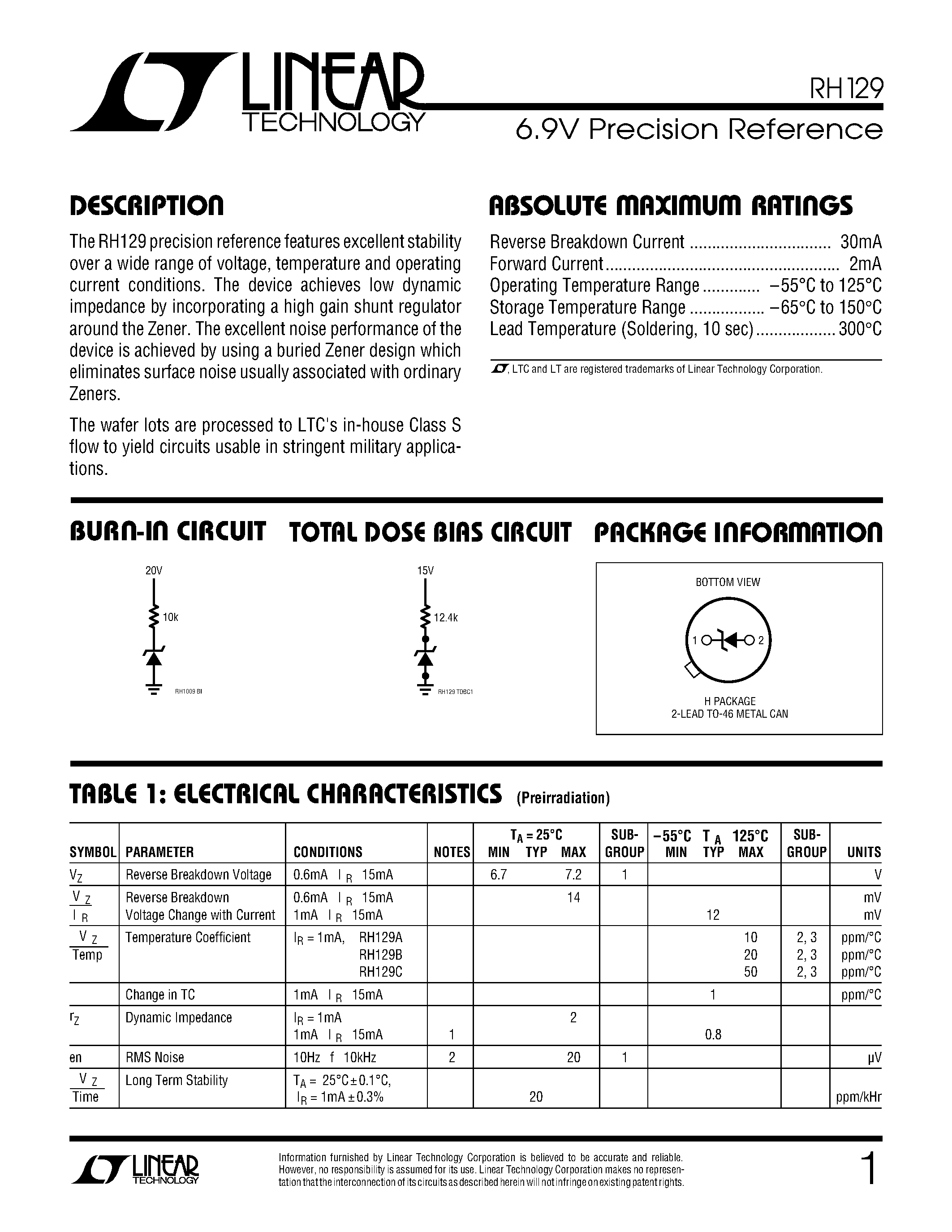 Даташит RH129 - 6.9V Precision Reference страница 1