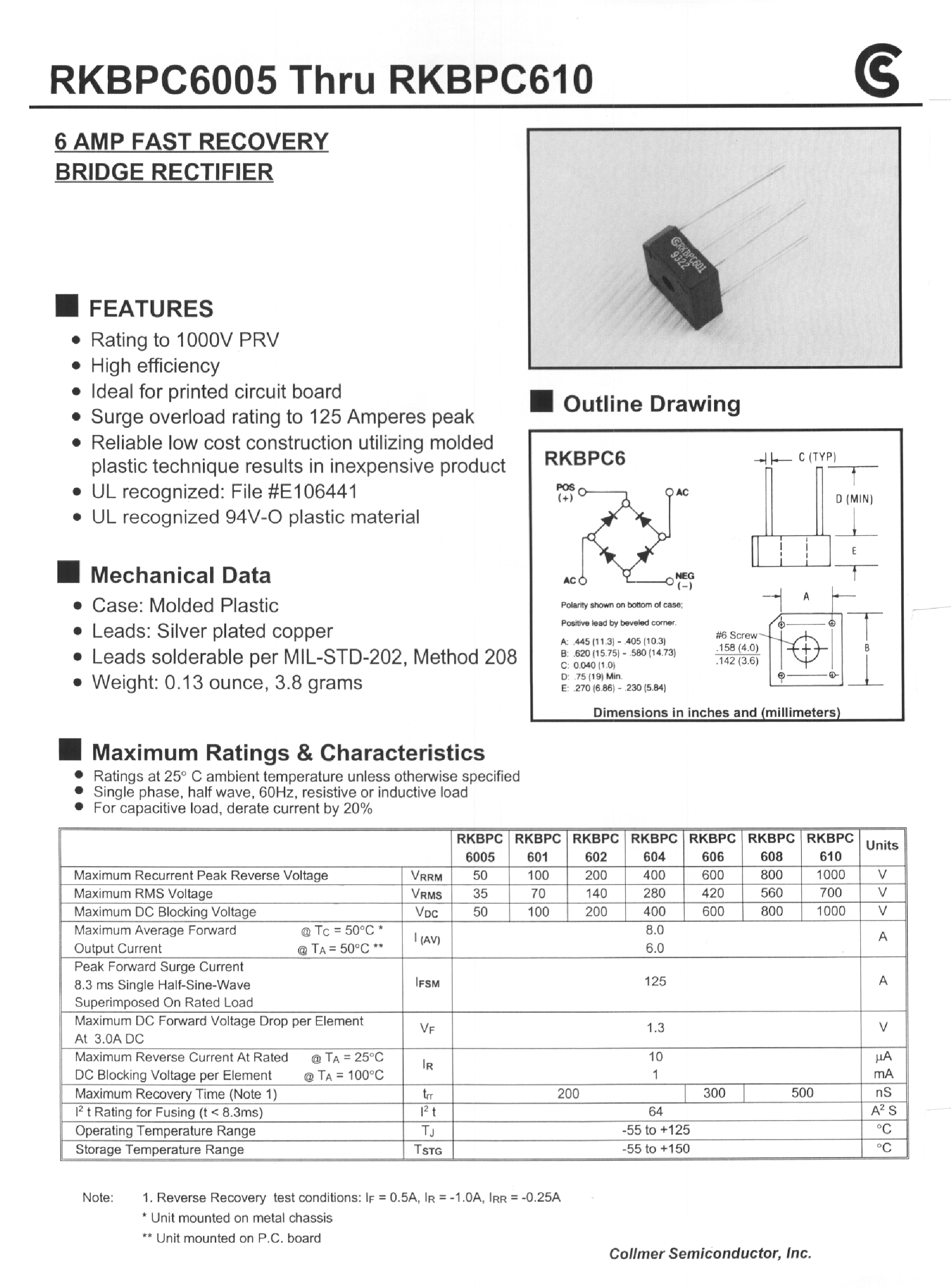 Даташит RKBPC610 - 6 AMP FAST RECOVERY BRIDGE RECTIFIER страница 1