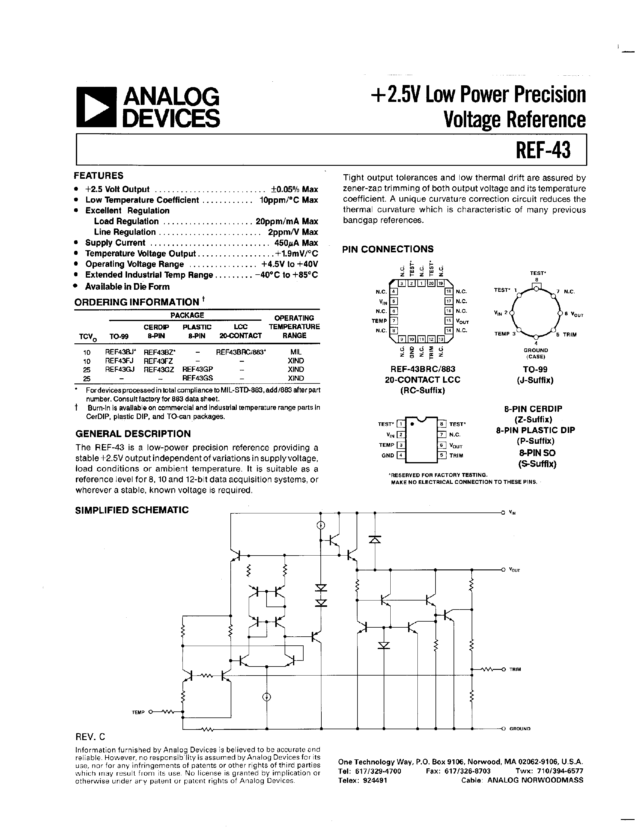 Даташит REF-43 - +2.5V Low Power Precision Voltage Reference страница 1