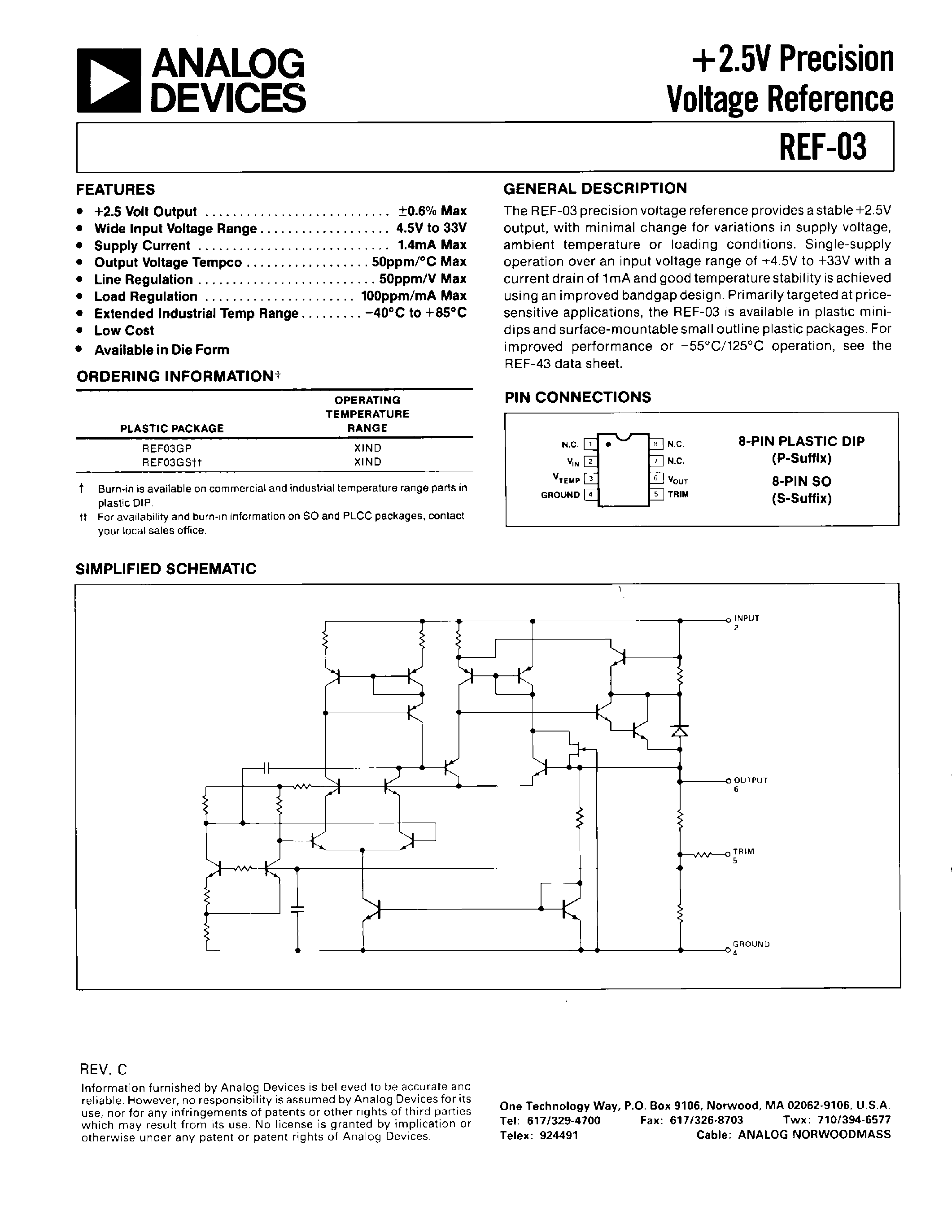 Даташит REF03 - +2.5V Precision Voltage Reference страница 1