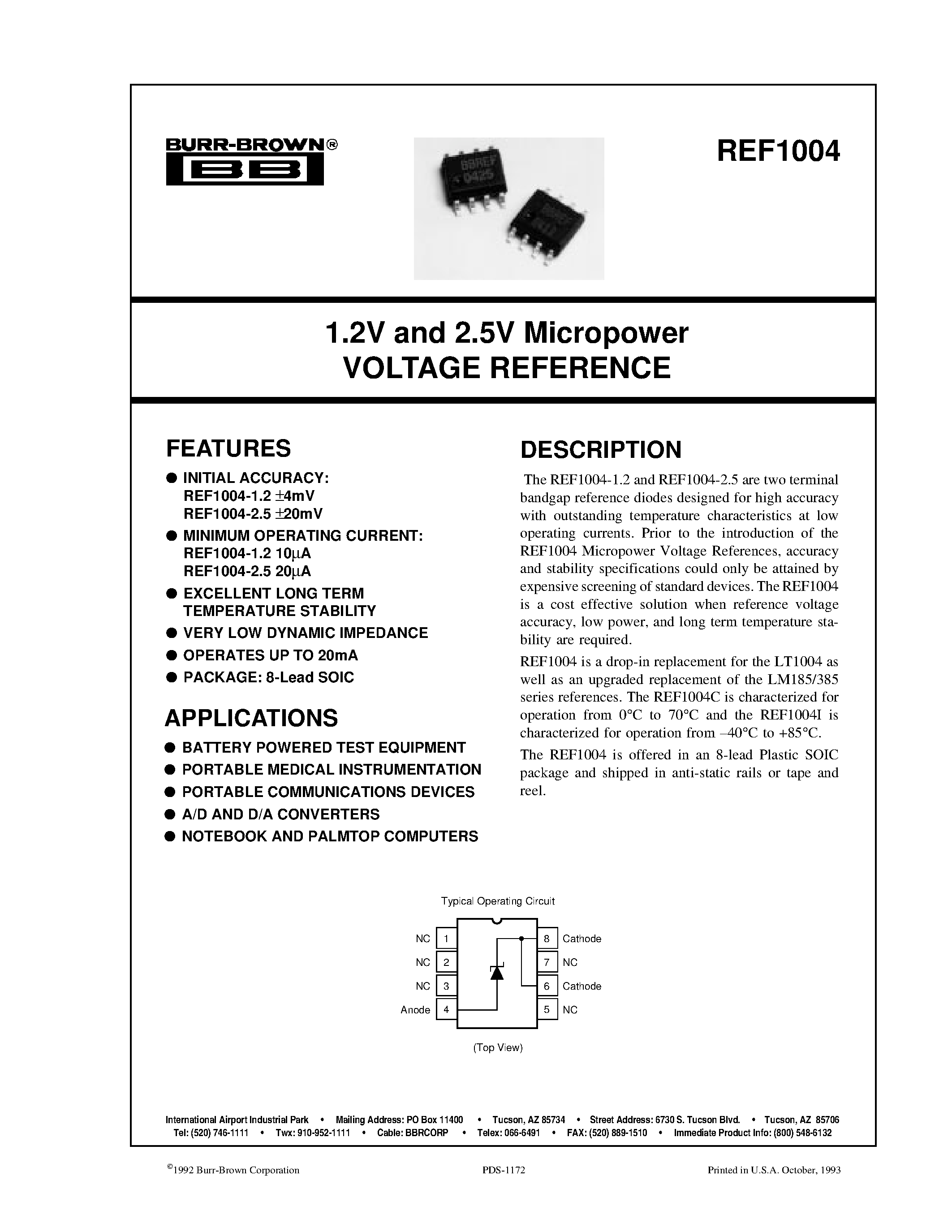 Даташит REF1004 - 1.2V and 2.5V Micropower VOLTAGE REFERENCE страница 1