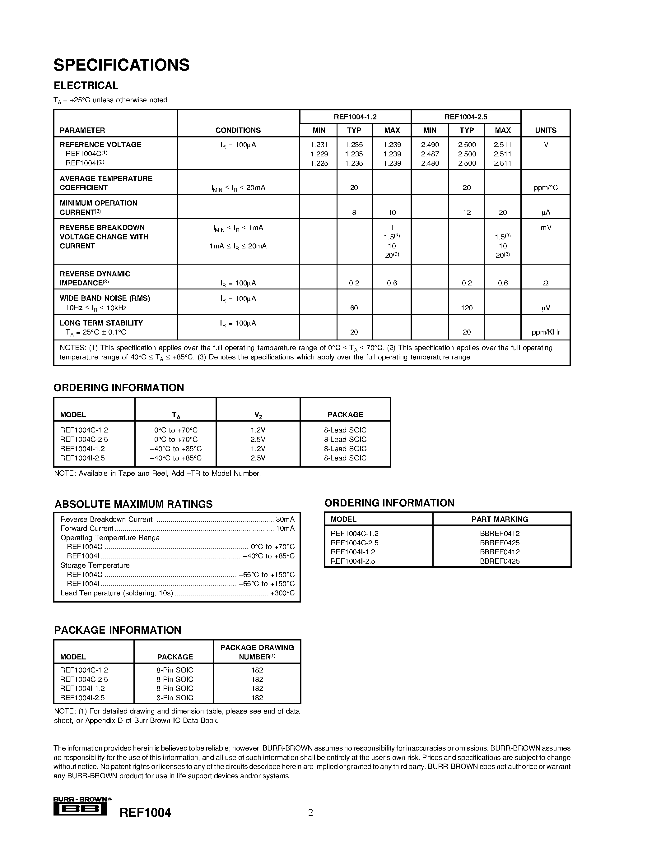 Даташит REF1004 - 1.2V and 2.5V Micropower VOLTAGE REFERENCE страница 2