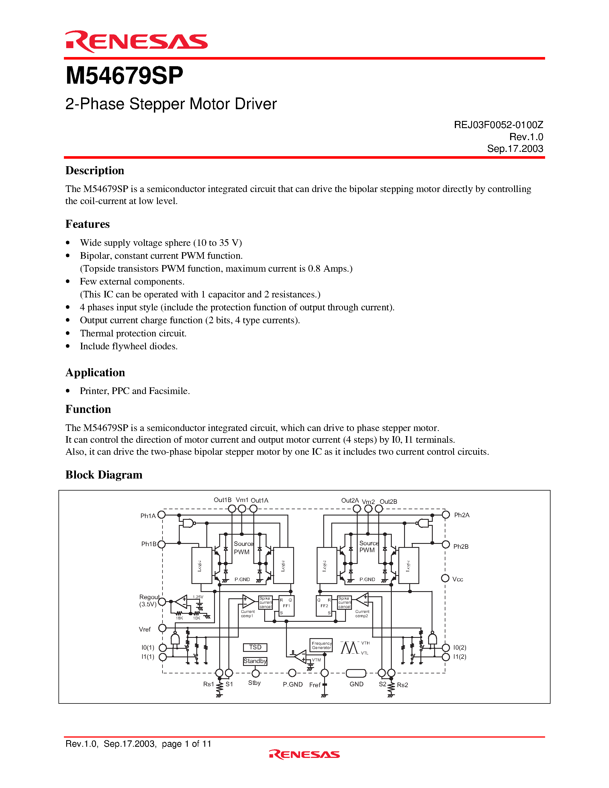 Даташит REJ03F0052_M54679SP - 2-Phase Stepper Motor Driver страница 1