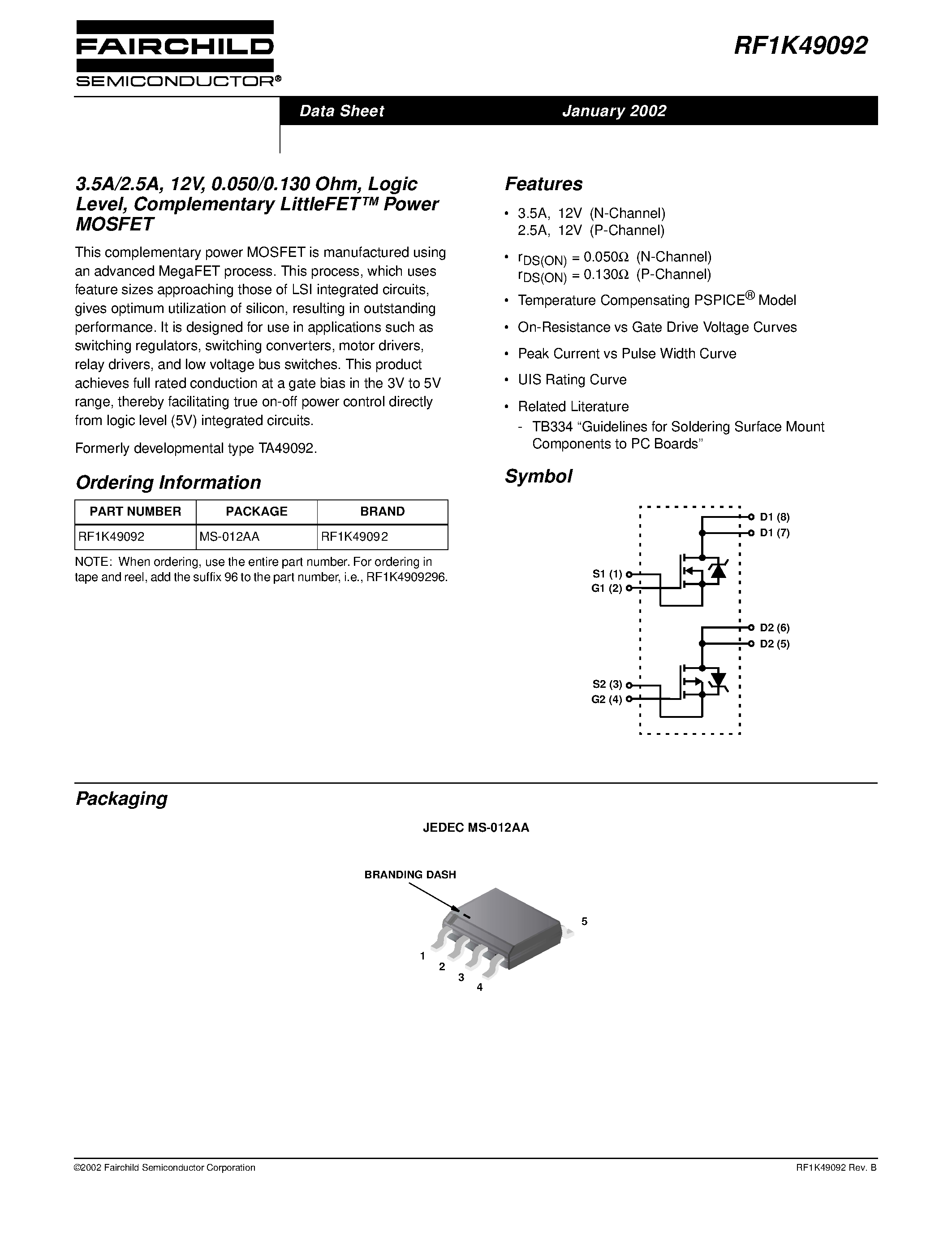 Даташит RF1K49092 - 3.5A/2.5A/ 12V/ 0.050/0.130 Ohm/ Logic Level/ Complementary LittleFET Power MOSFET страница 1