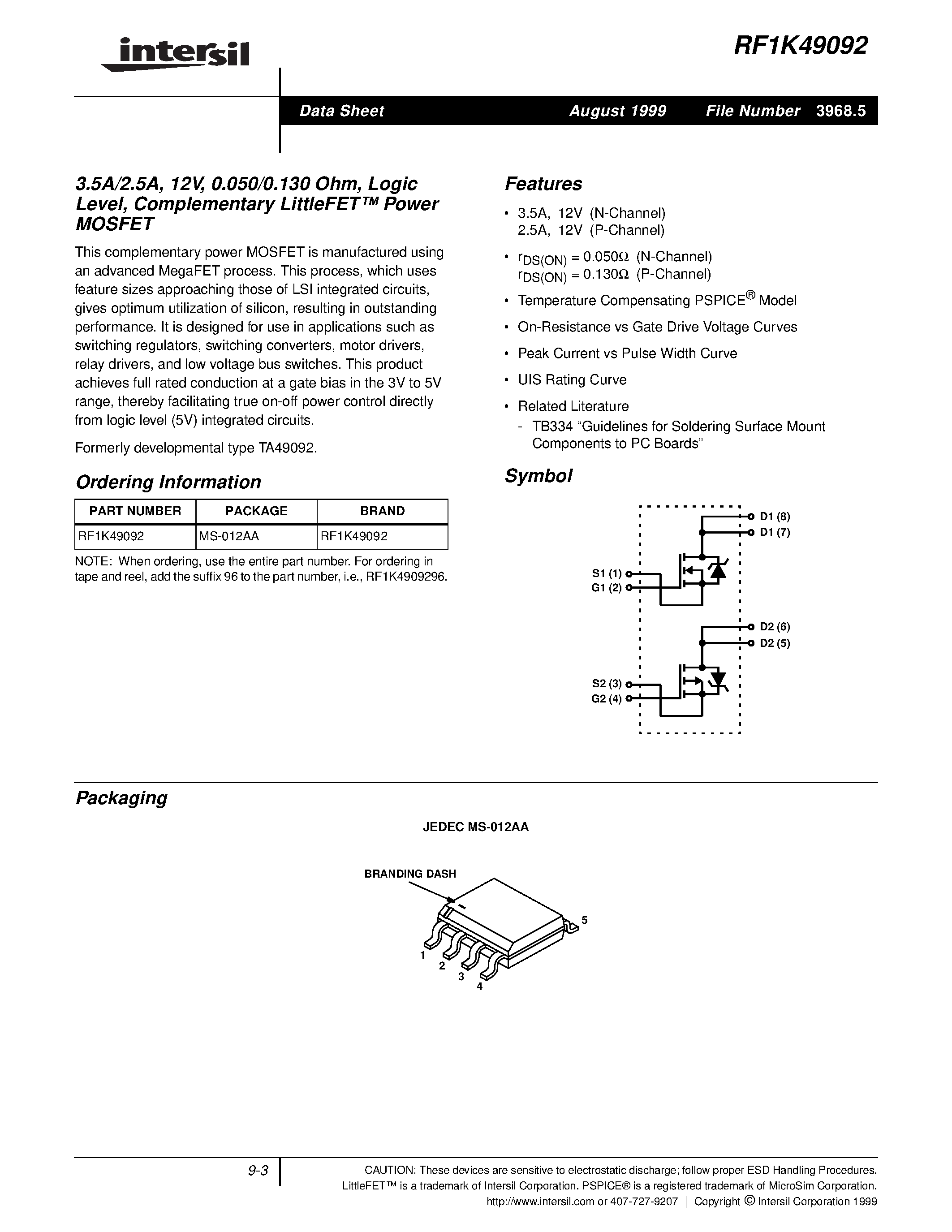 Даташит RF1K49092 - 3.5A/2.5A/ 12V/ 0.050/0.130 Ohm/ Logic Level/ Complementary LittleFET Power MOSFET страница 1