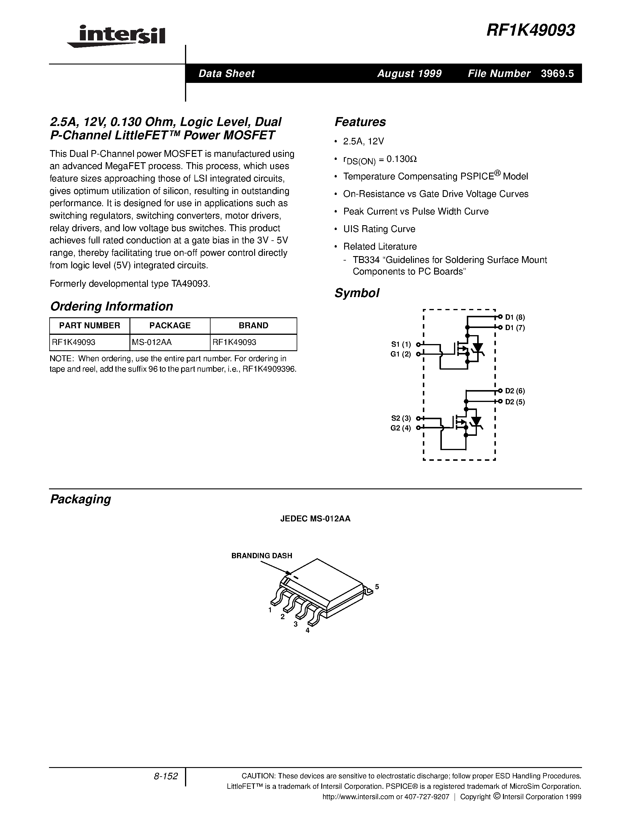 Даташит RF1K49093 - 2.5A/ 12V/ 0.130 Ohm/ Logic Level/ Dual P-Channel LittleFET Power MOSFET страница 1