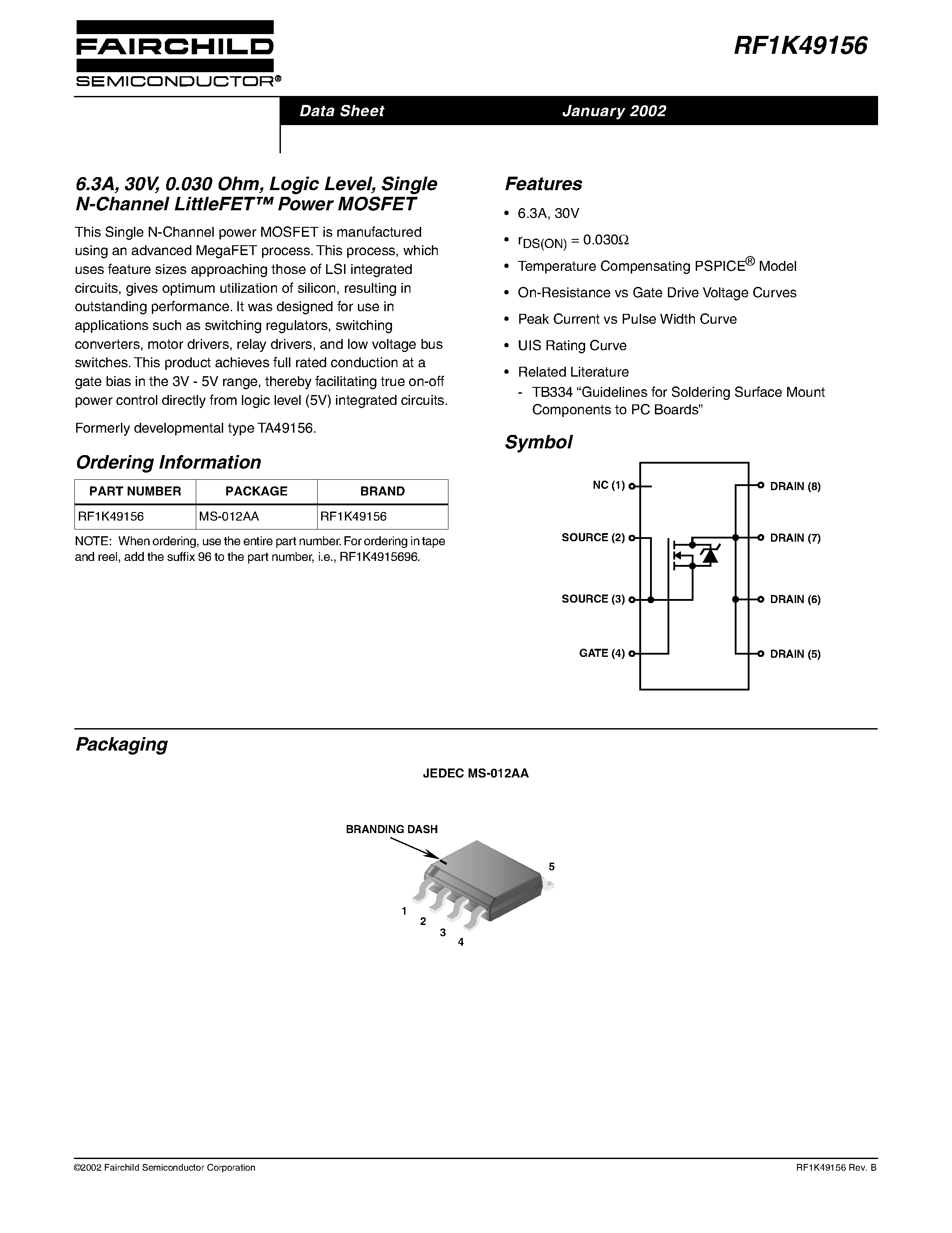 Даташит RF1K49156 - 6.3A/ 30V/ 0.030 Ohm/ Logic Level/ Single N-Channel LittleFET Power MOSFET страница 1