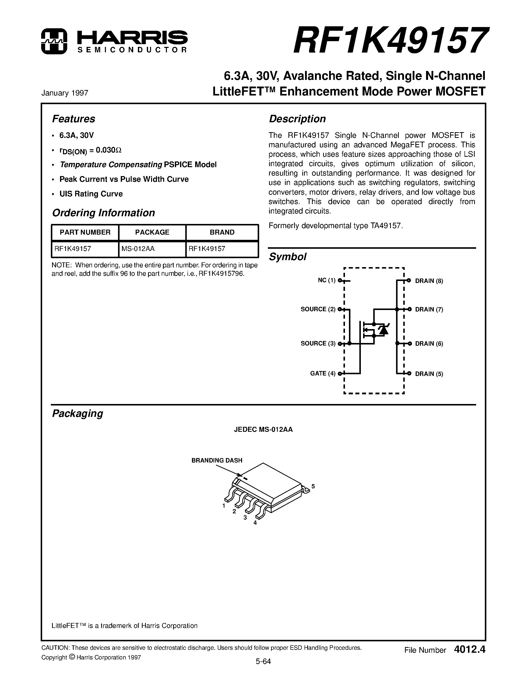 Даташит RF1K49157 - 6.3A/ 30V/ Avalanche Rated/ Single N-Channel LittleFET Enhancement Mode Power MOSFET страница 1