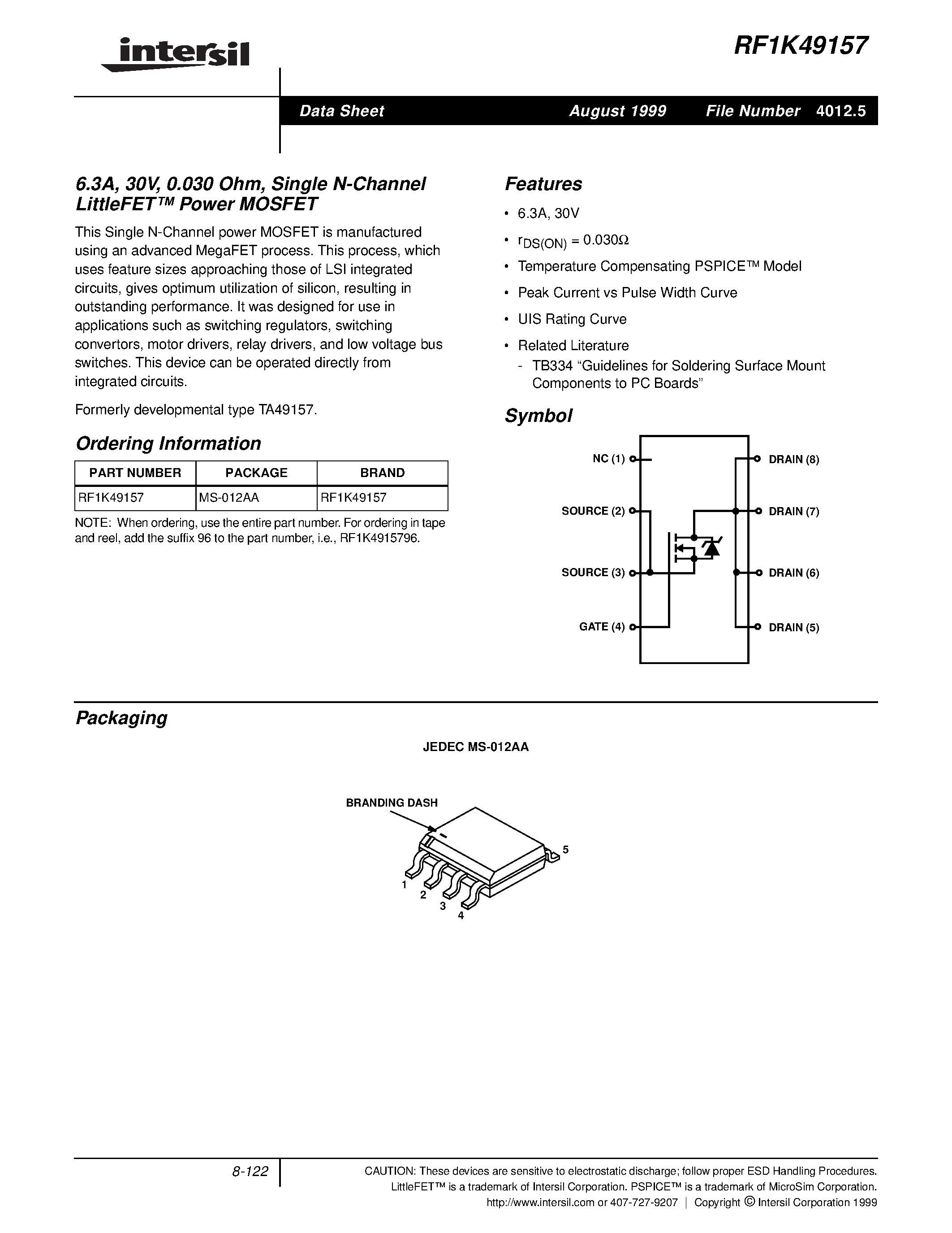 Даташит RF1K49157 - 6.3A/ 30V/ 0.030 Ohm/ Single N-Channel LittleFET Power MOSFET страница 1