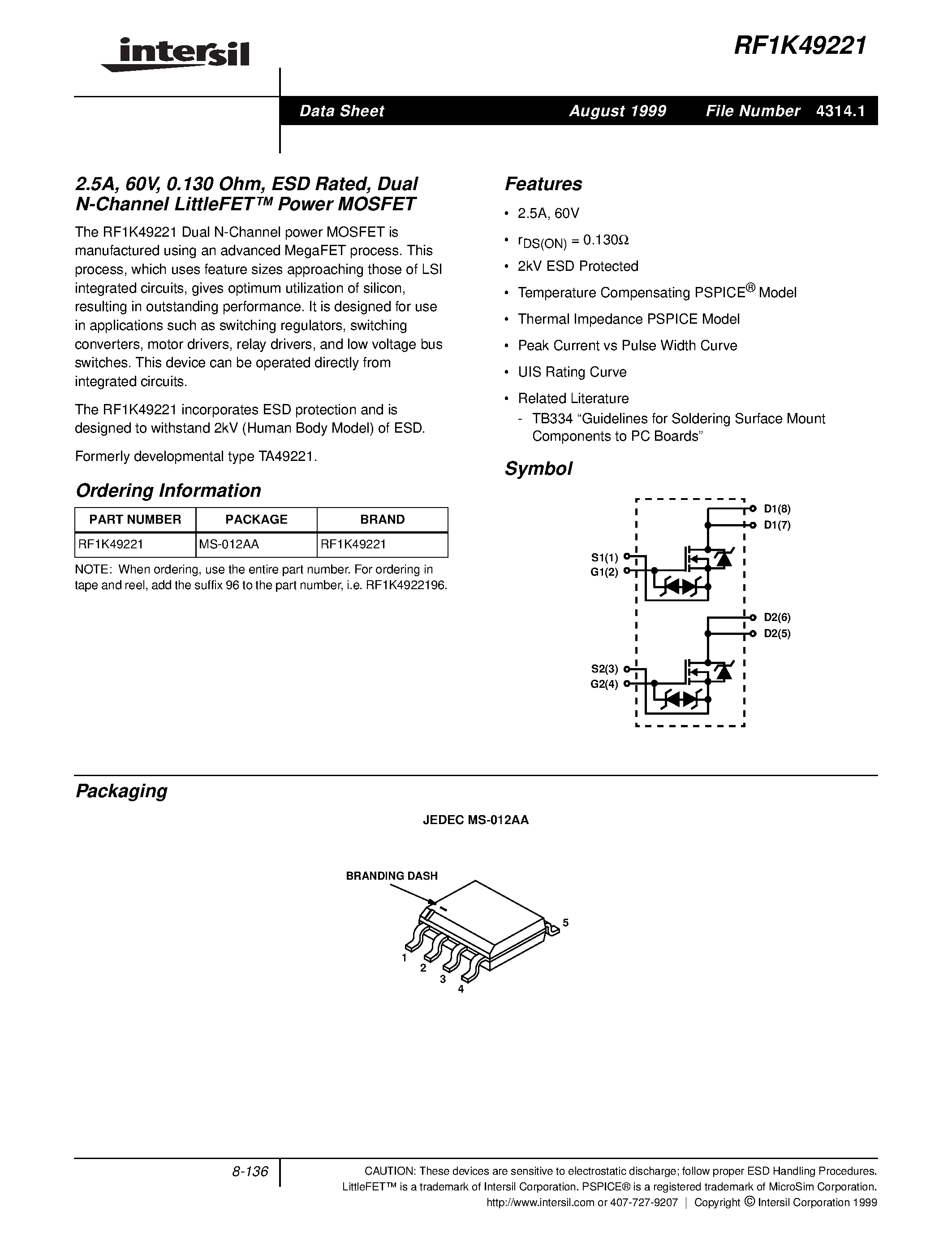 Даташит RF1K49221 - 2.5A/ 60V/ 0.130 Ohm/ ESD Rated/ Dual N-Channel LittleFET Power MOSFET страница 1