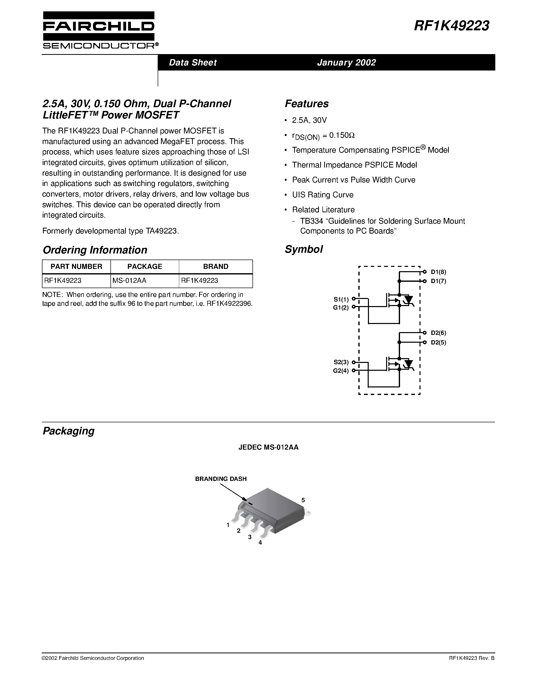 Даташит RF1K49223 - 2.5A/ 30V/ 0.150 Ohm/ Dual P-Channel LittleFET Power MOSFET страница 1