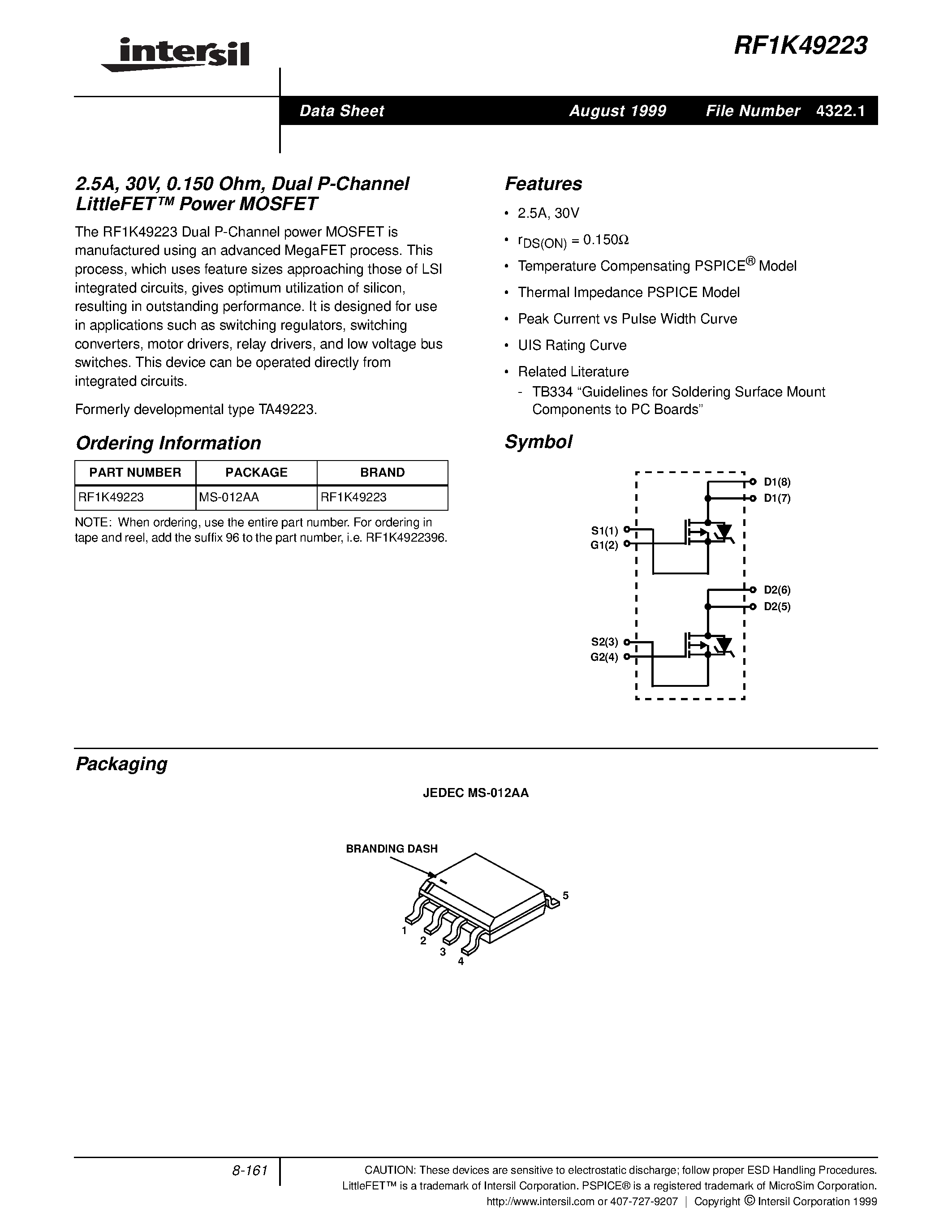 Даташит RF1K49223 - 2.5A/ 30V/ 0.150 Ohm/ Dual P-Channel LittleFET Power MOSFET страница 1