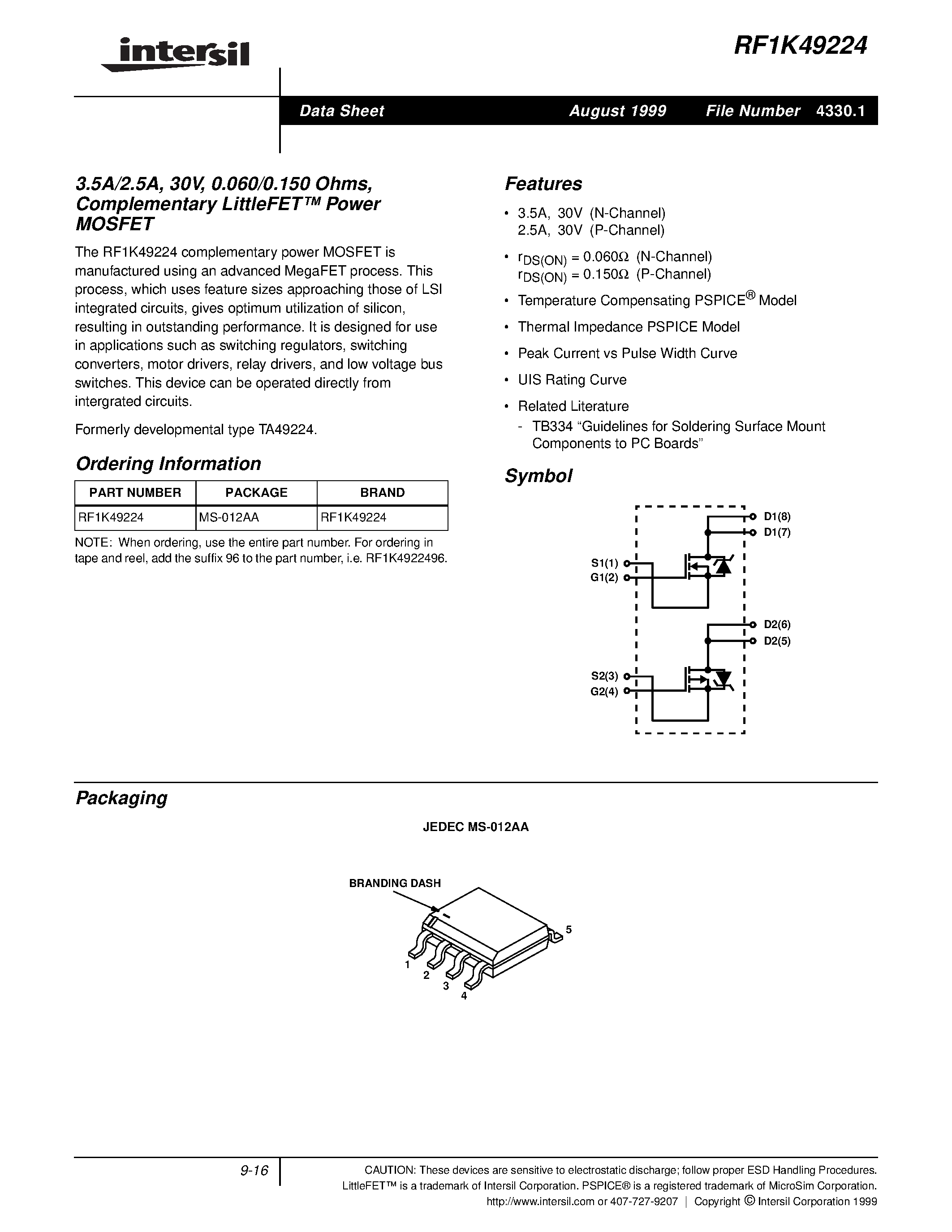 Даташит RF1K49224 - 3.5A/2.5A/ 30V/ 0.060/0.150 Ohms/ Complementary LittleFET Power MOSFET страница 1