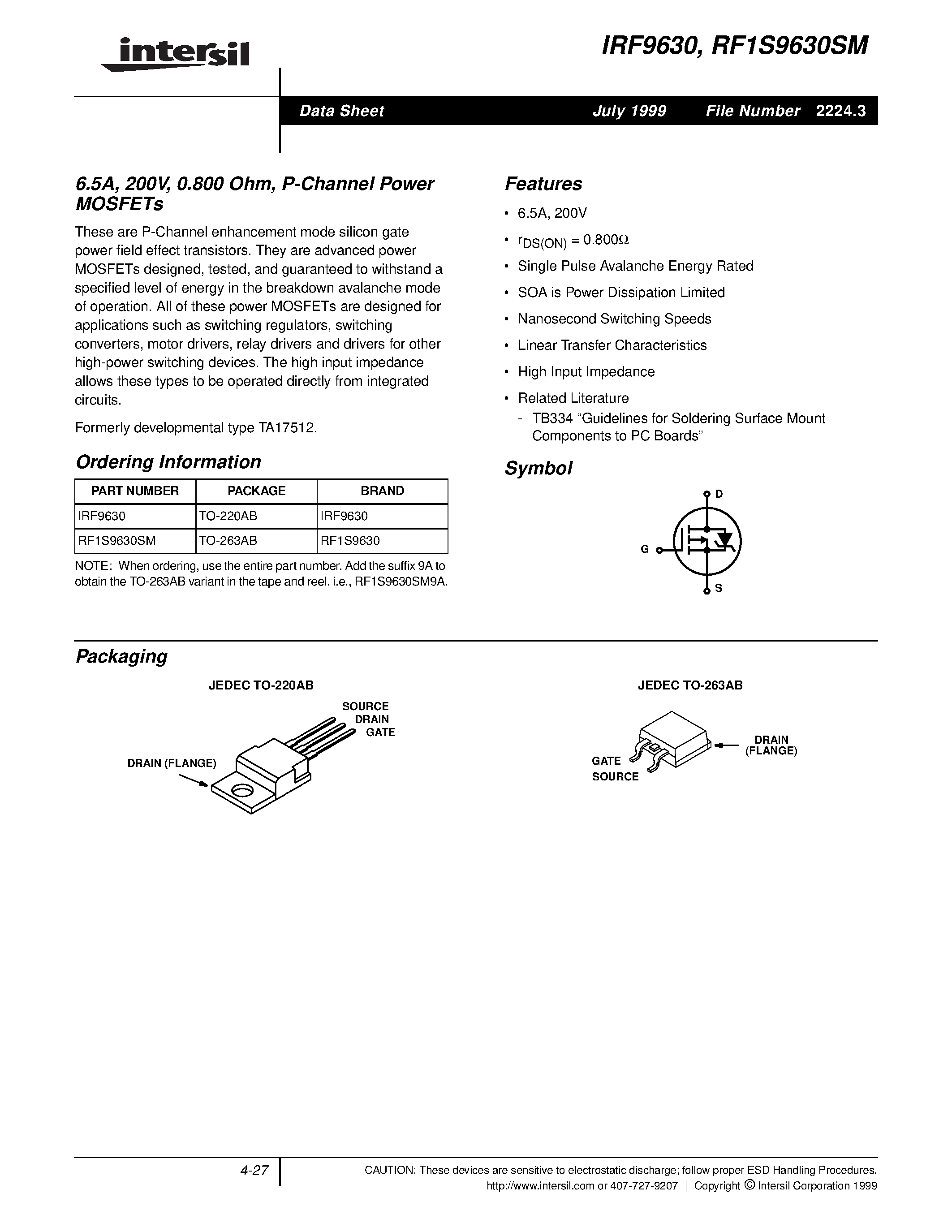 Даташит RF1S9630SM - 6.5A/ 200V/ 0.800 Ohm/ P-Channel Power MOSFETs страница 1