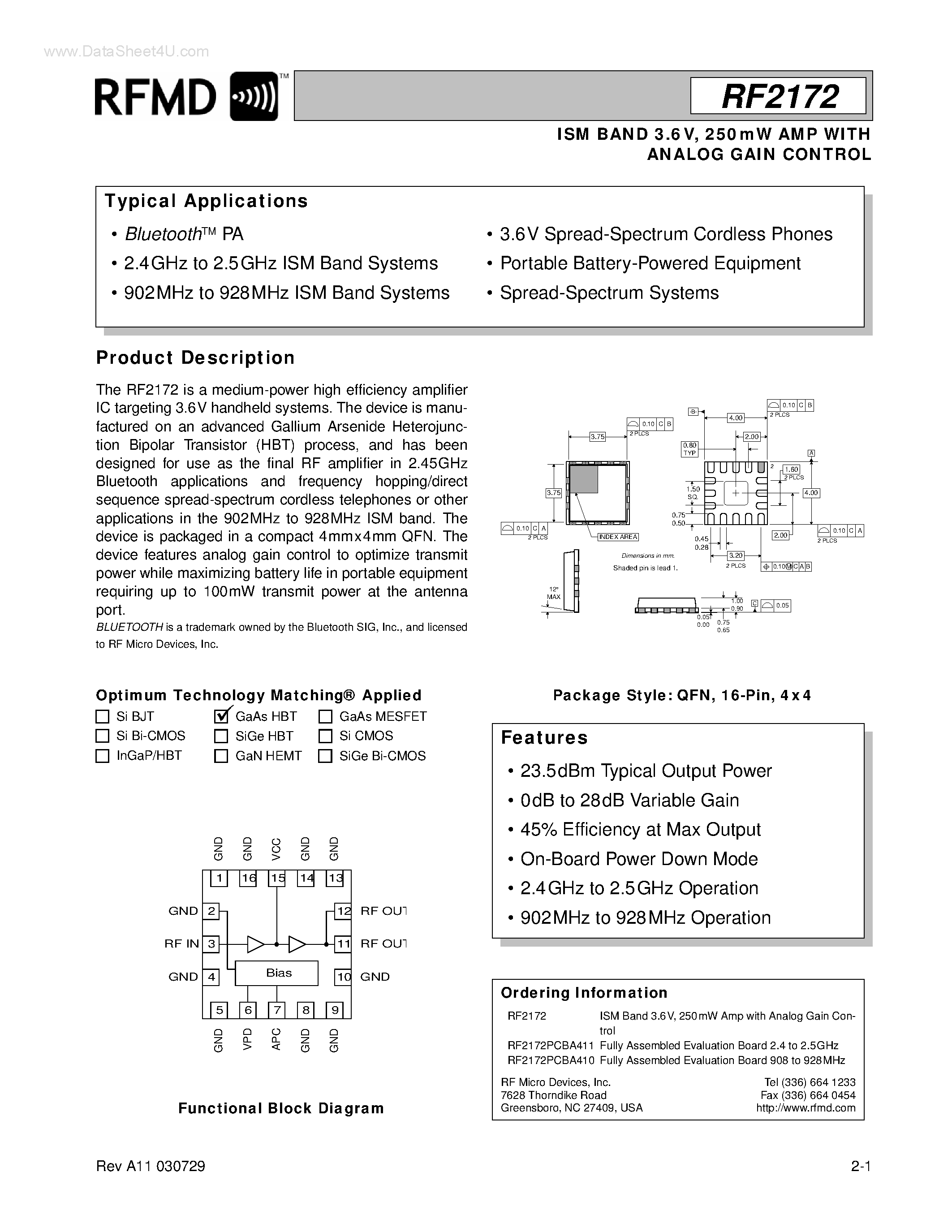 Даташит RF2172PCBA-H - ISM BAND 3.6V/ 250MW AMP WITH ANALOG GAIN CONTROL страница 1