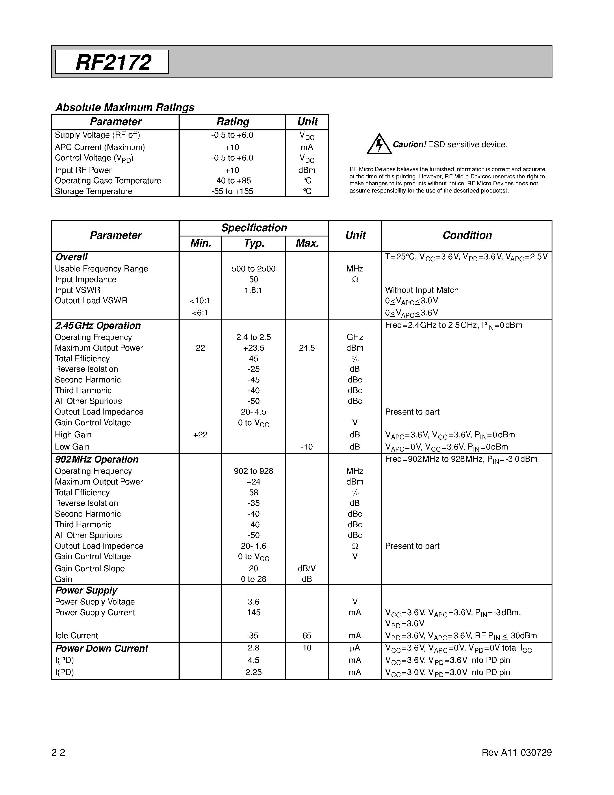 Datasheet RF2172PCBA-L - ISM BAND 3.6V/ 250MW AMP WITH ANALOG GAIN CONTROL page 2