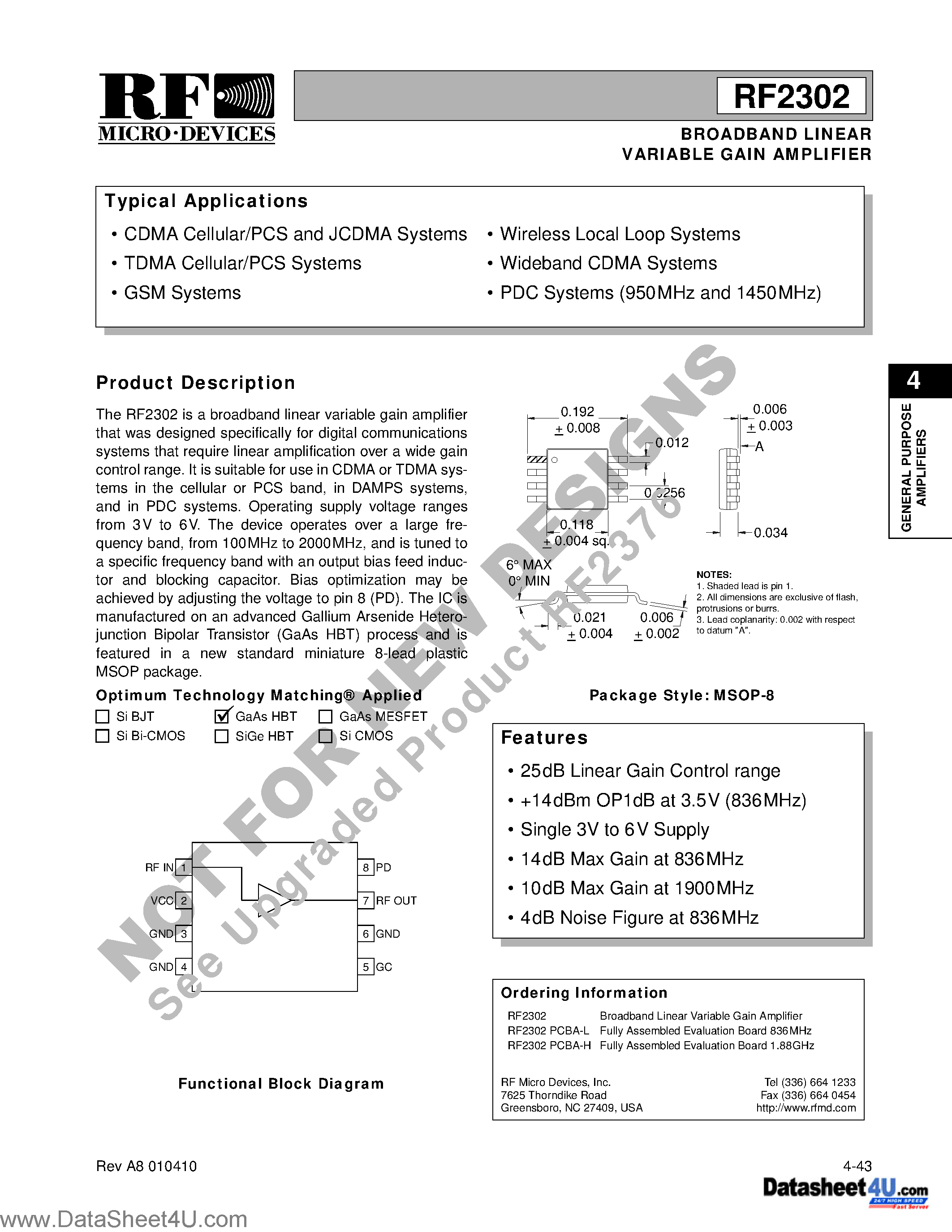 Даташит RF2302PCBA-H - BROADBAND LINEAR VARIABLE GAIN AMPLIFIER страница 1