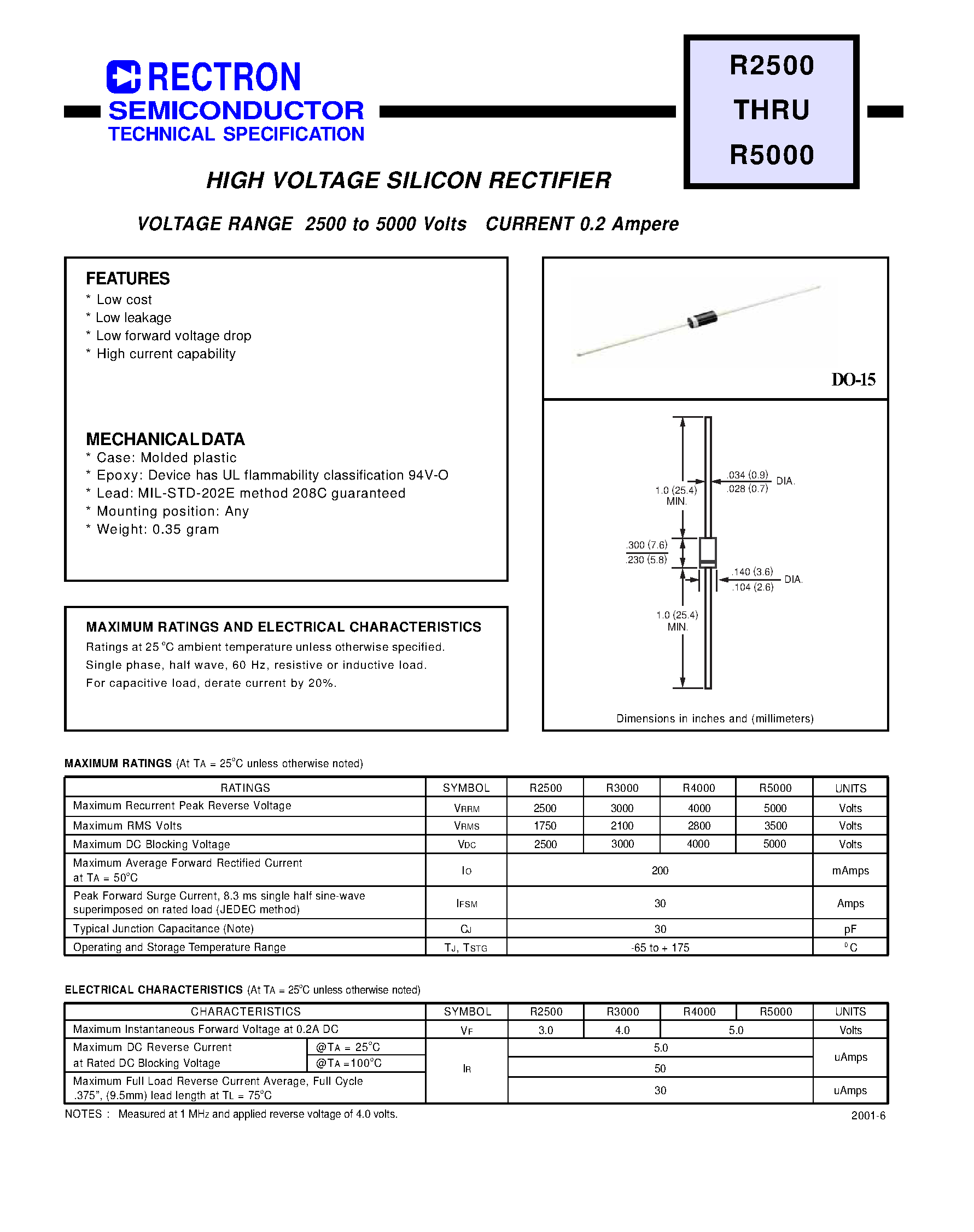 Даташит R3000 - HIGH VOLTAGE SILICON RECTIFIER (VOLTAGE RANGE 2500 to 5000 Volts CURRENT 0.2 Ampere) страница 1