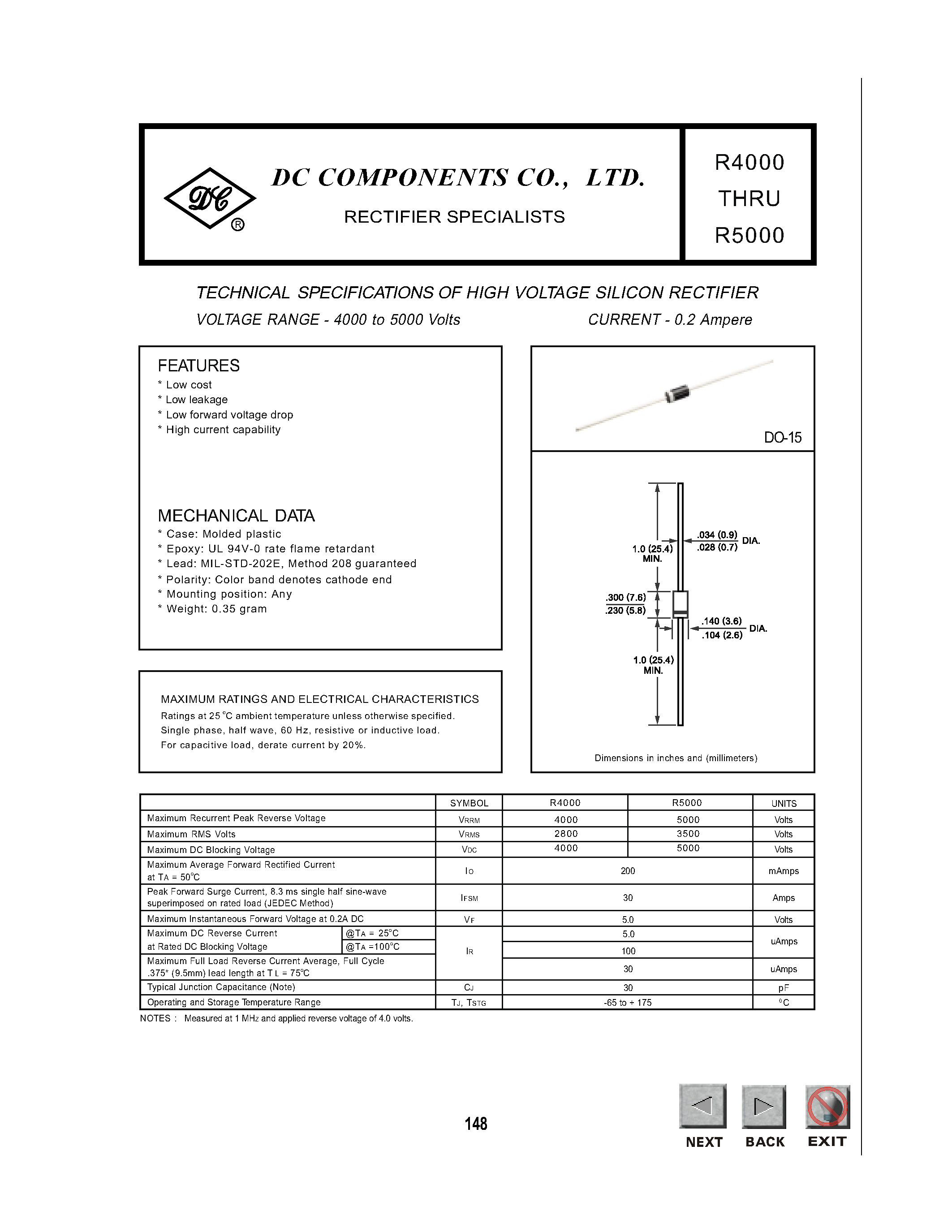 Даташит R4000 - HIGH VOLTAGE SILICON RECTIFIER(4000 to 5000 Volts/ 0.2 Ampere) страница 1