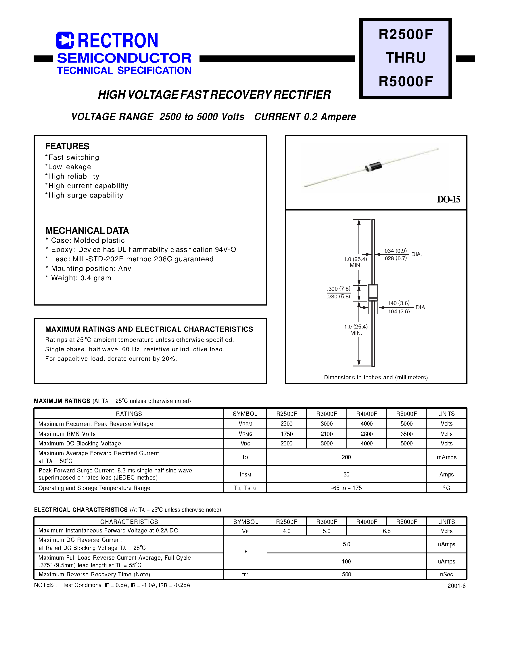 Даташит R4000F - HIGH VOLTAGE FAST RECOVERY RECTIFIER (VOLTAGE RANGE 2500 to 5000 Volts CURRENT 0.2 Ampere) страница 1