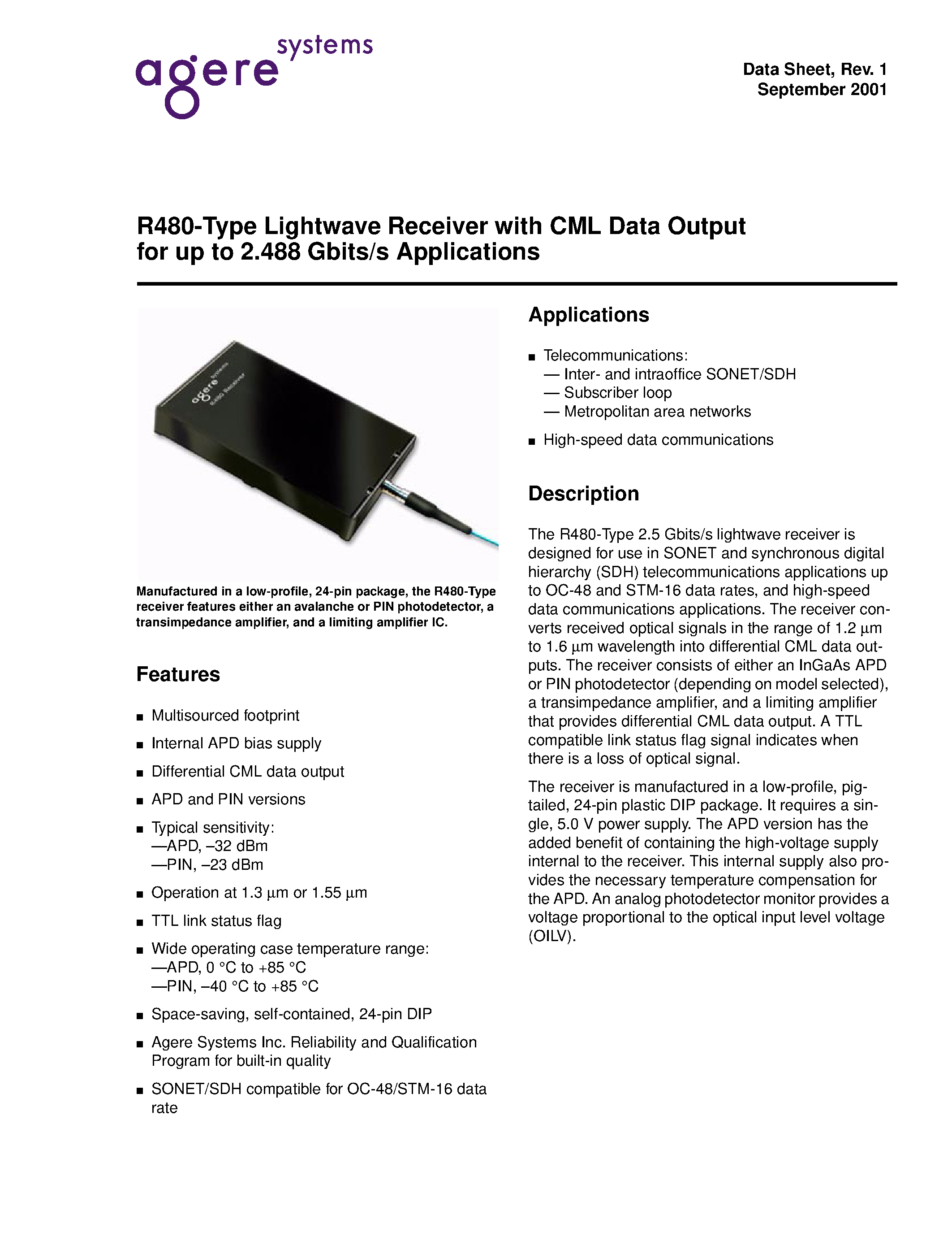 Даташит R480 - R480-Type Lightwave Receiver with CML Data Output for up to 2.488 Gbits/s Applications страница 1