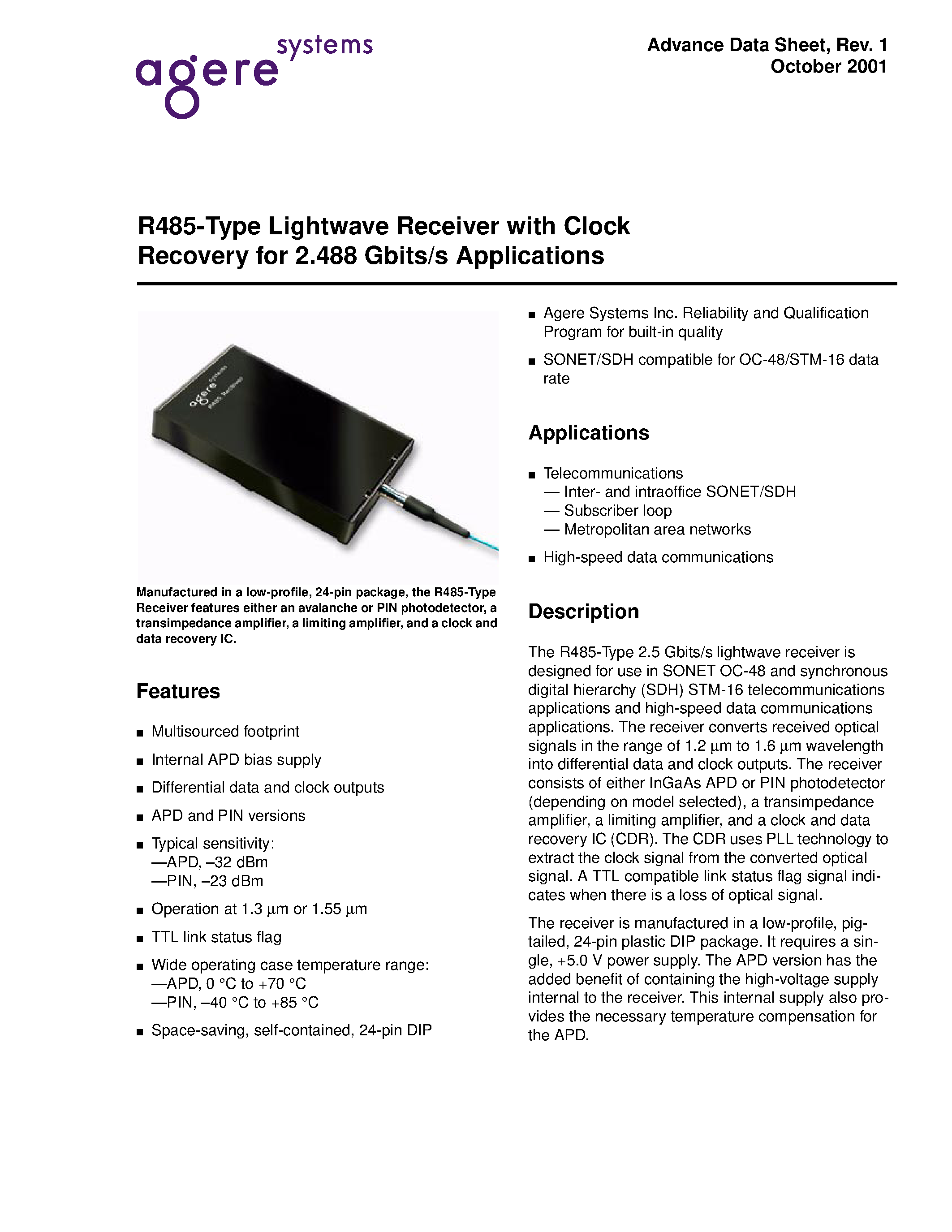 Даташит R485 - R485-Type Lightwave Receiver with Clock Recovery for 2.488 Gbits/s Applications страница 1