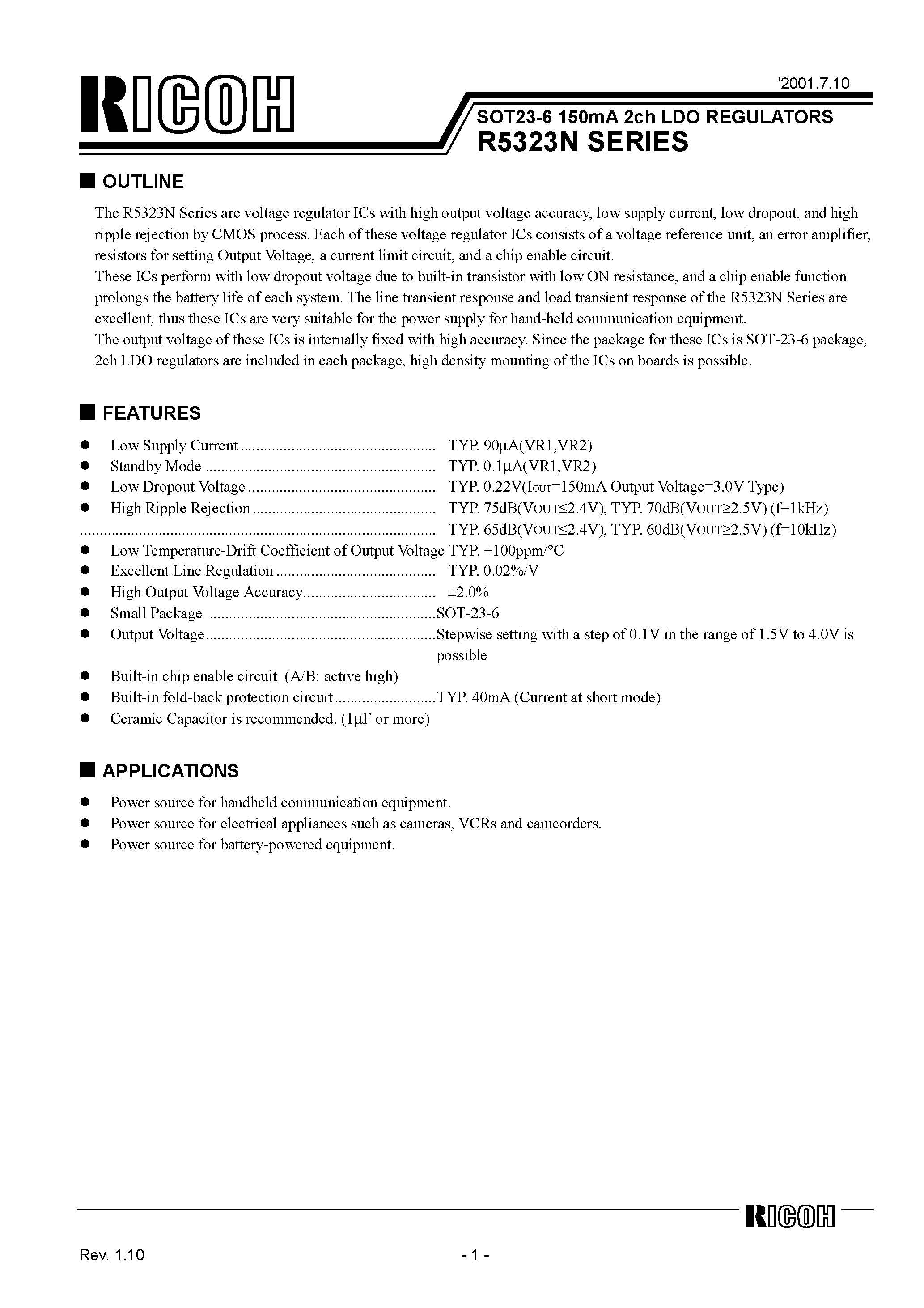Даташит R5323N001A - SOT23-6 150mA 2ch LDO REGULATORS страница 1