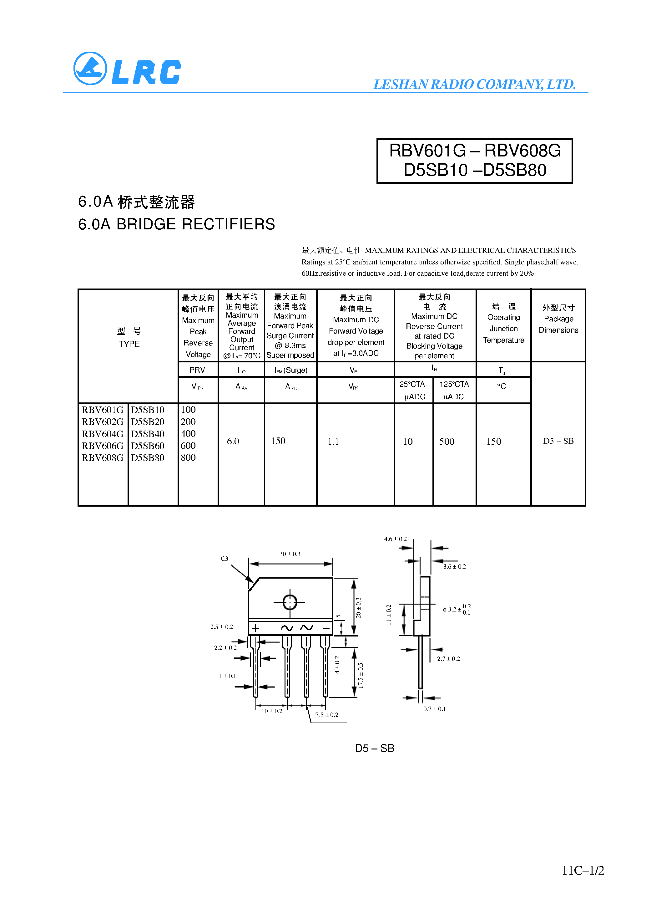 Даташит RBV601G - 6.0A BRIDGE RECTIFIERS страница 1