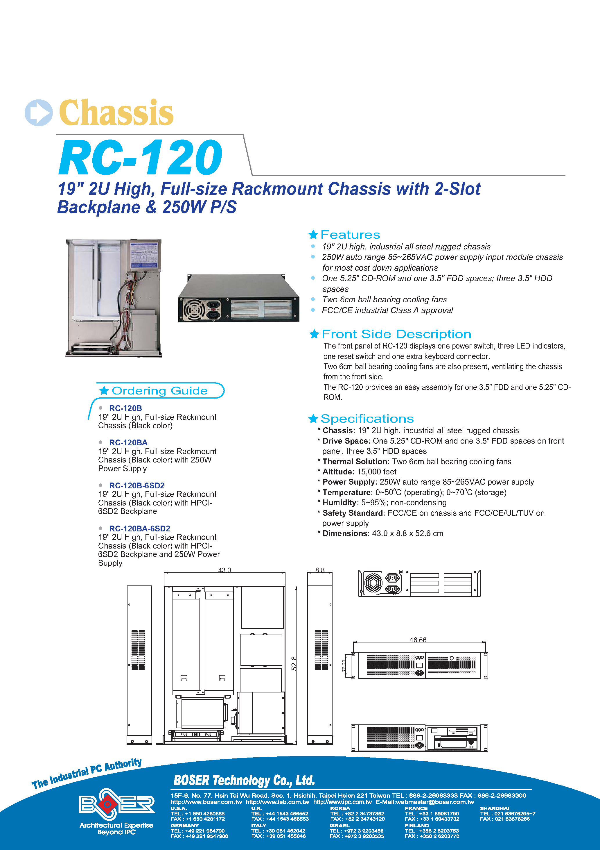 Даташит RC-120B-6SD2 - FULL-SIZE RACKMOUNT CHASSIS WITH 2-SLOT BACKPLANE & 250W P/S страница 1