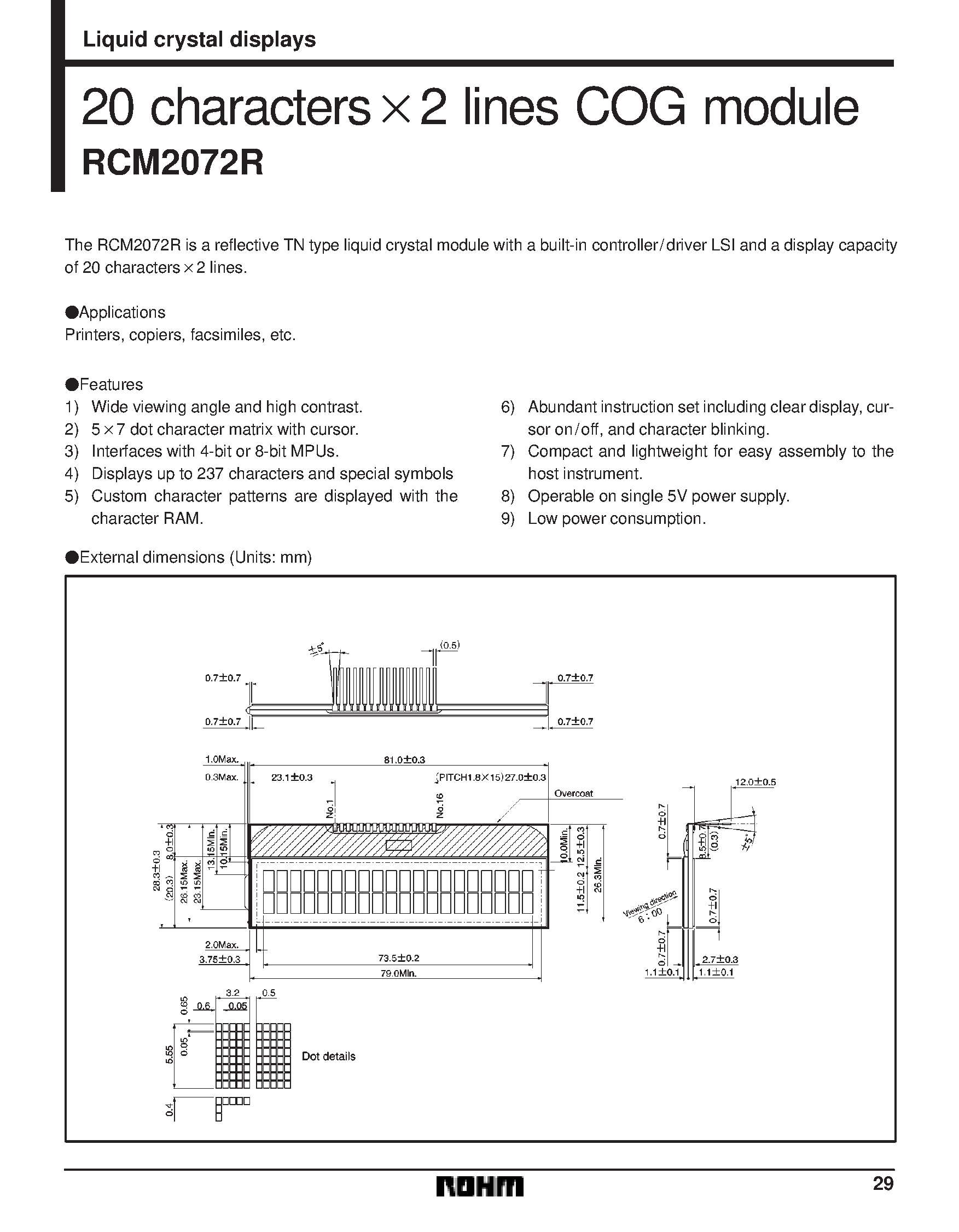 Даташит RCM2072R - 20 characters X 2 lines COG module страница 1