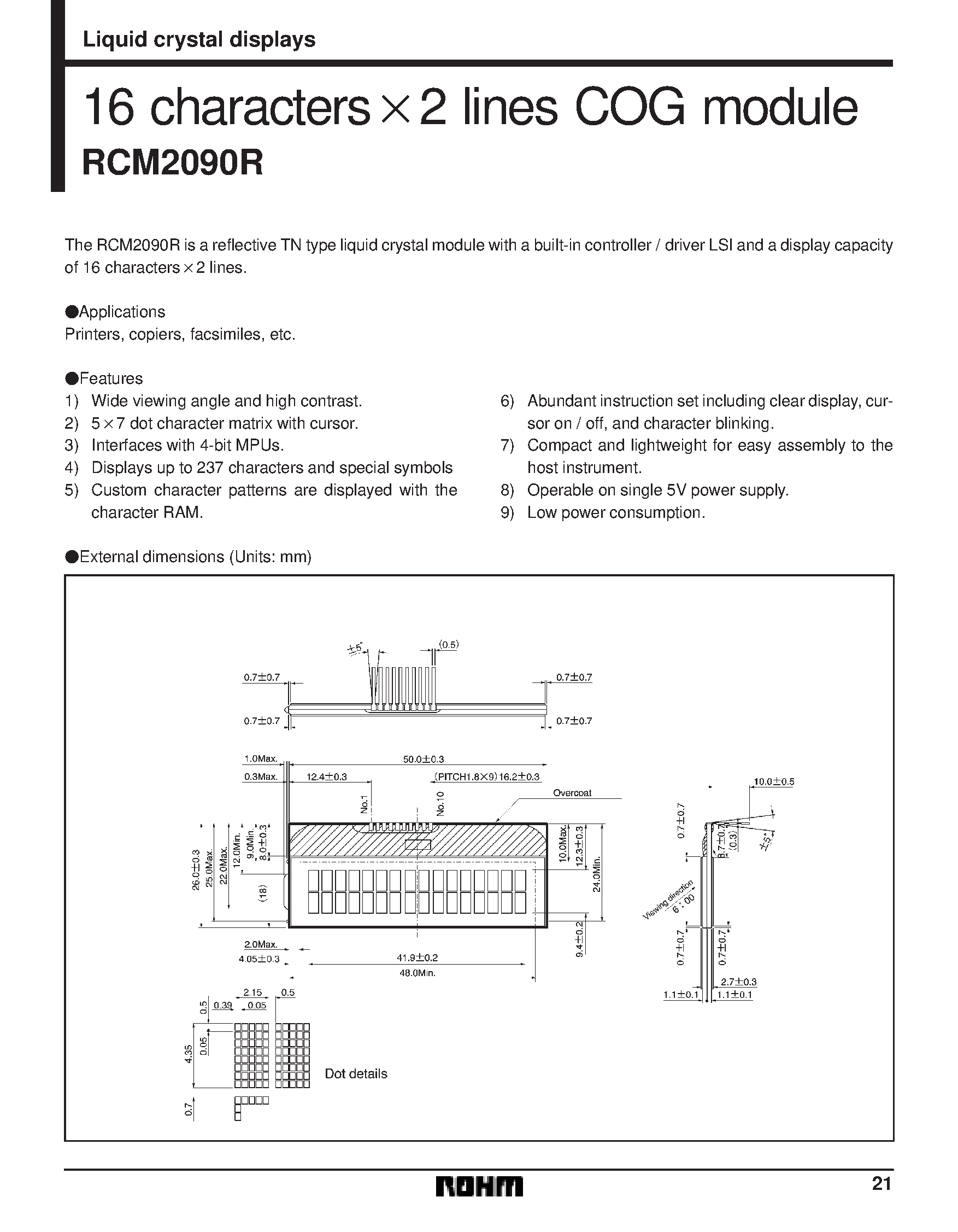 Даташит RCM2090 - 16 characters x 2 lines COG module страница 1