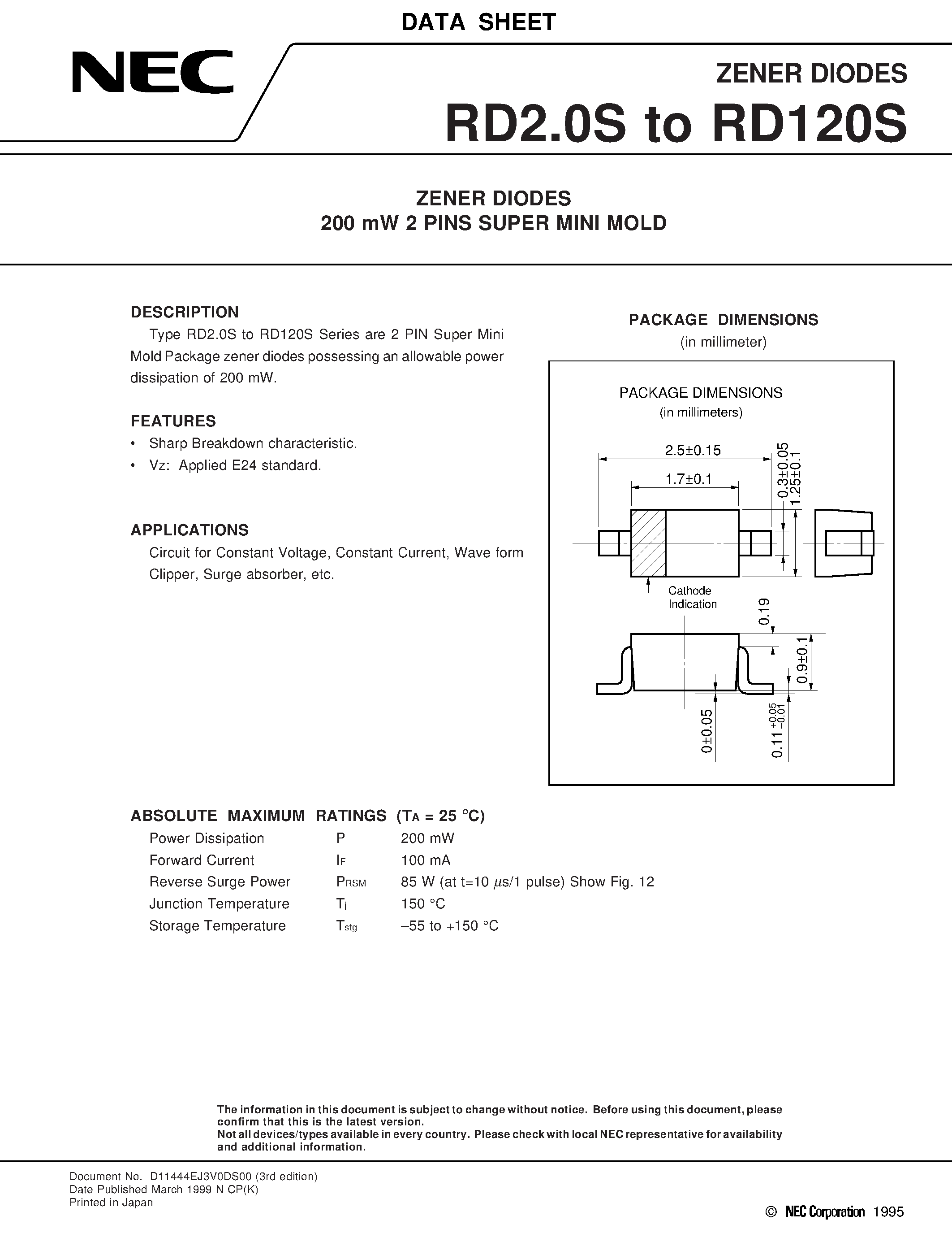 Даташит RD16S - ZENER DIODES 200 mW 2 PINS SUPER MINI MOLD страница 1