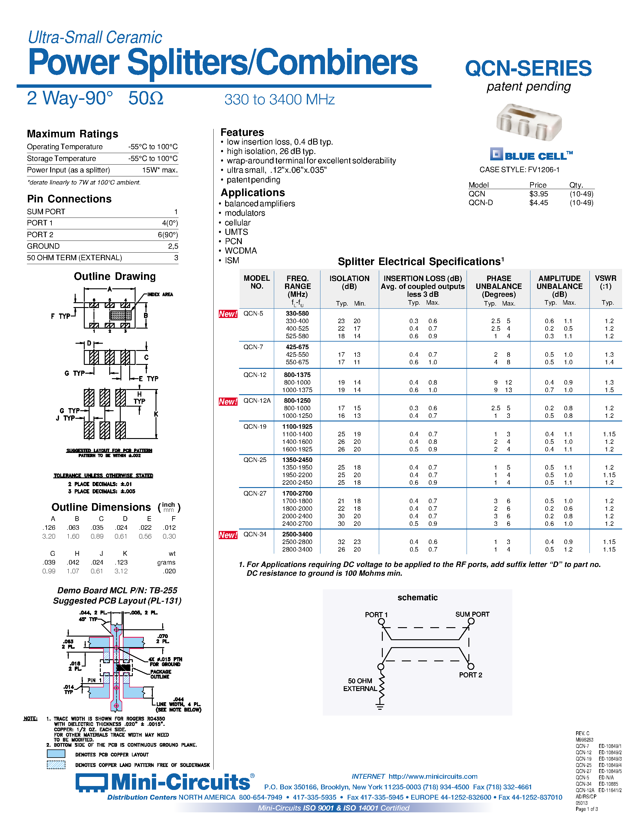 Даташит QCN-5 - Ultra-Small Ceramic Power Splitters/Combiners 2 Way-90 50 330 to 3400 MHz страница 1