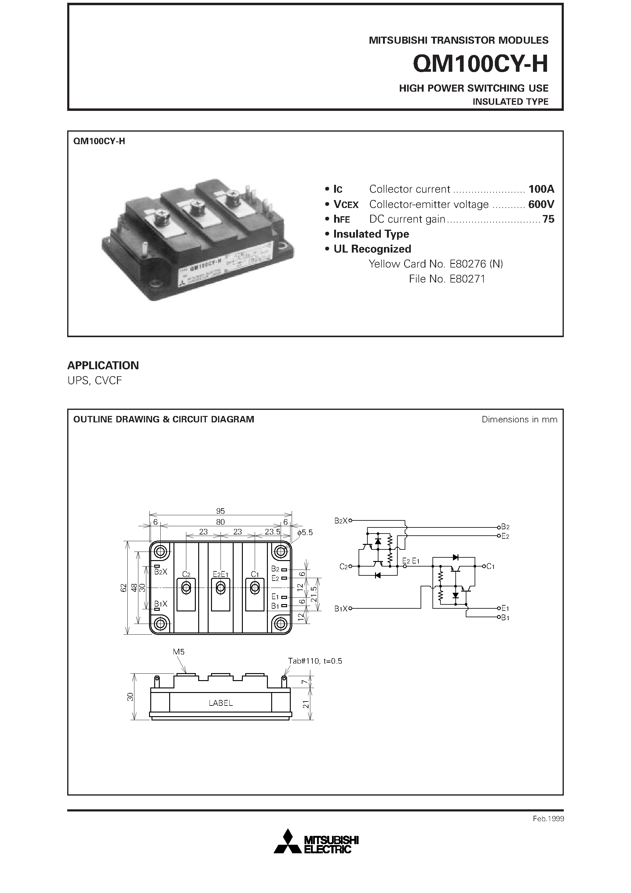 Даташит QM100CY-H - HIGH POWER SWITCHING USE INSULATED TYPE страница 1