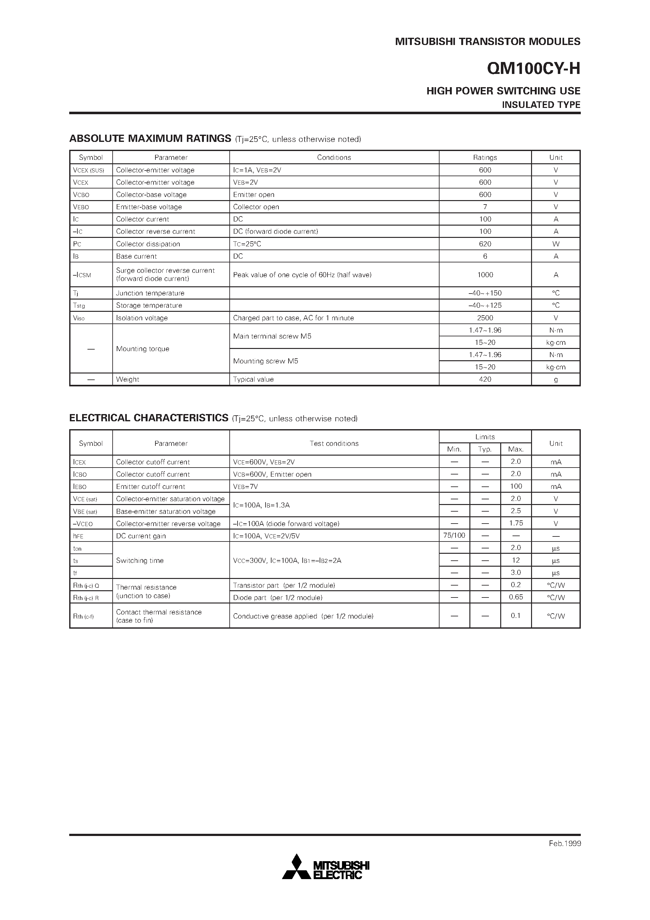 Даташит QM100CY-H - HIGH POWER SWITCHING USE INSULATED TYPE страница 2