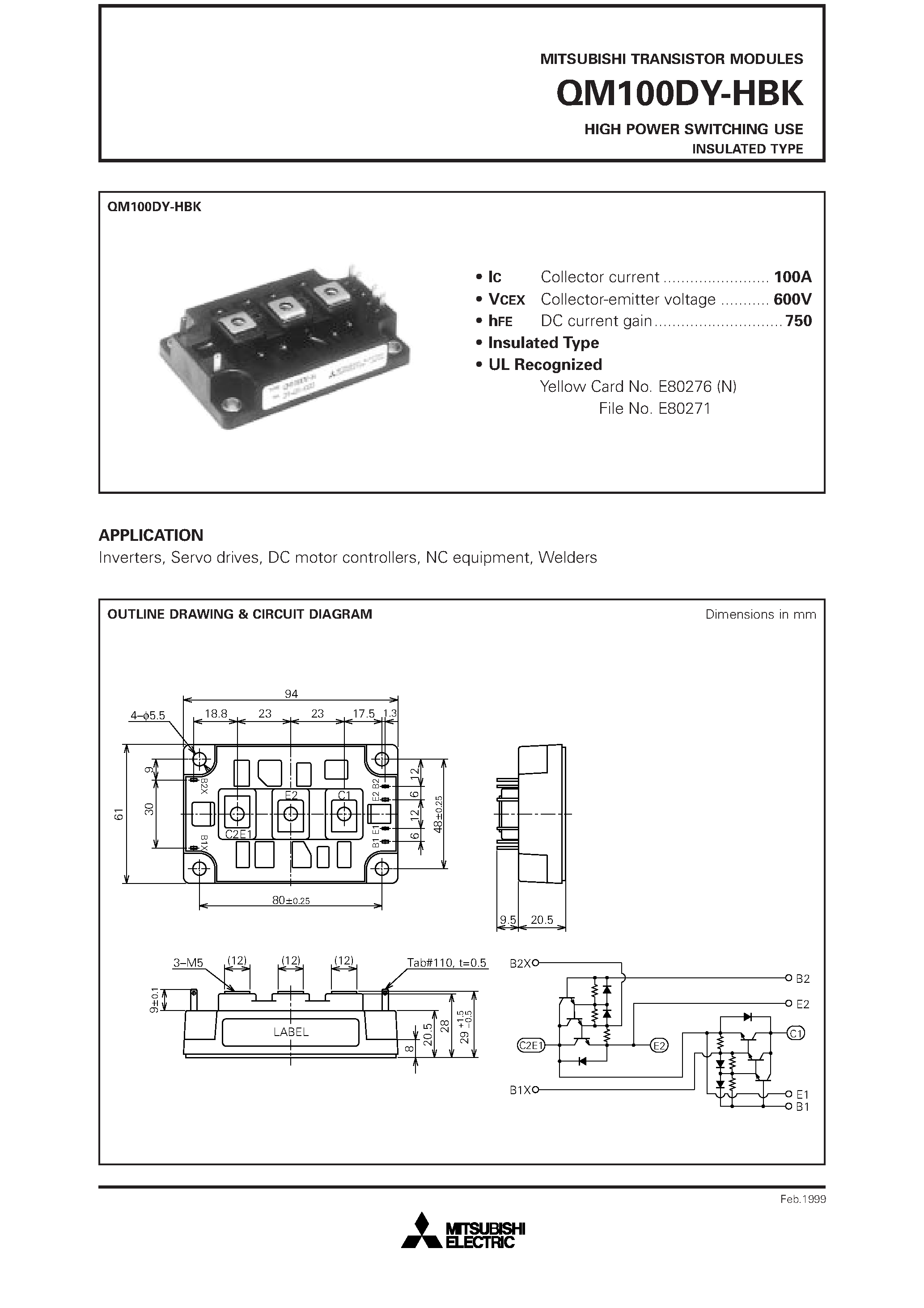 Даташит QM100DY-H - HIGH POWER SWITCHING USE INSULATED TYPE страница 1