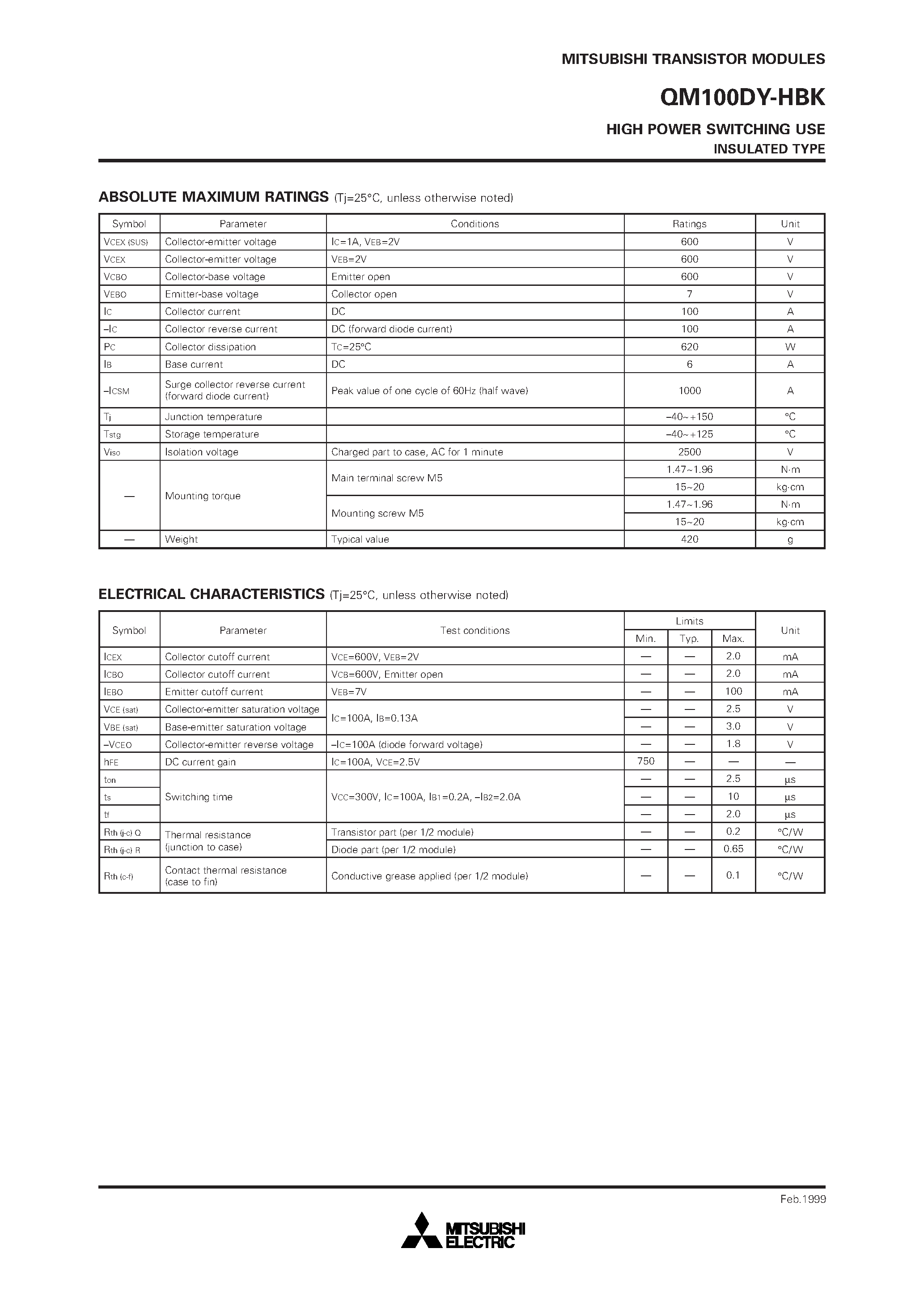 Даташит QM100DY-H - HIGH POWER SWITCHING USE INSULATED TYPE страница 2