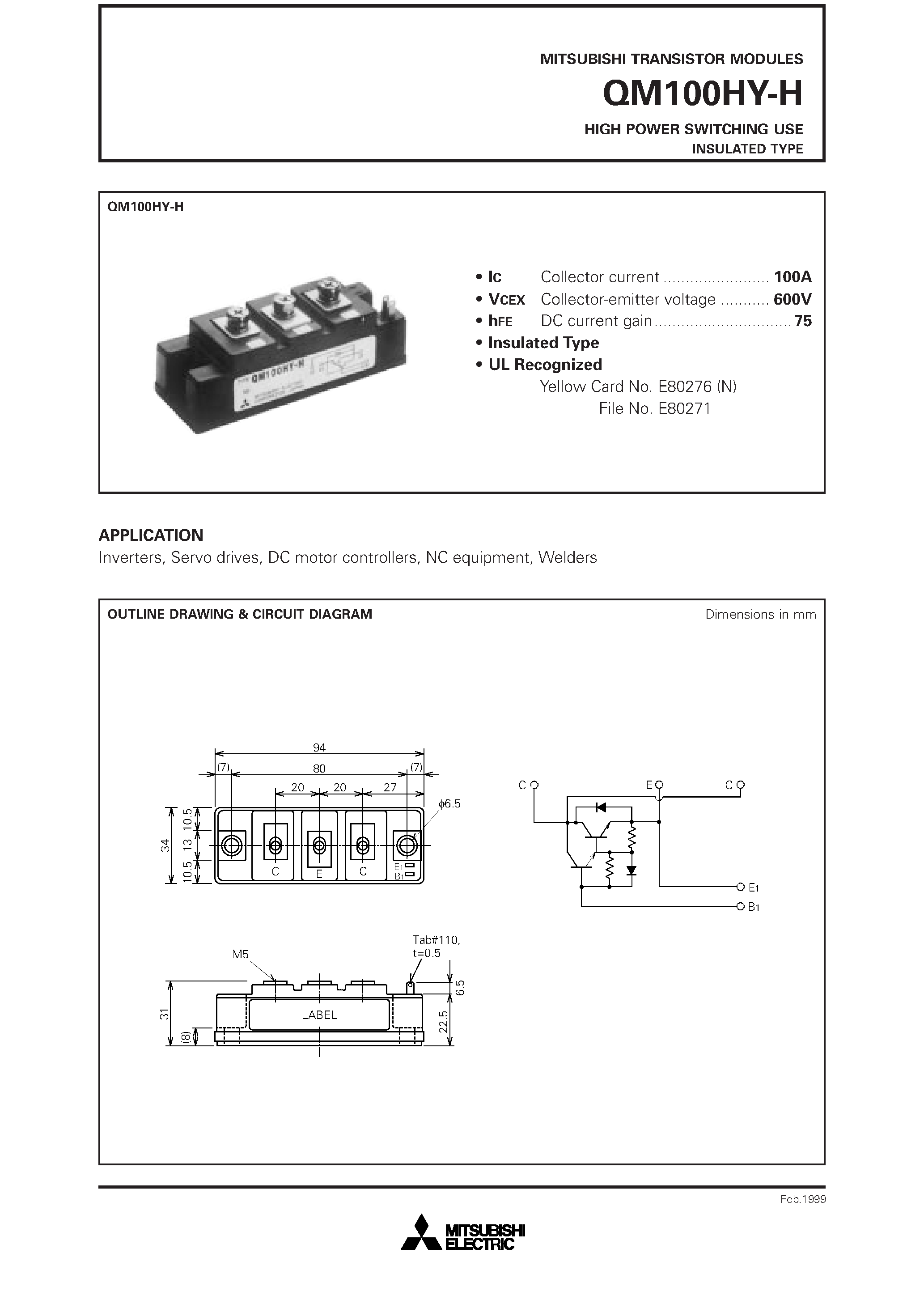 Даташит QM100HY-H - HIGH POWER SWITCHING USE INSULATED TYPE страница 1