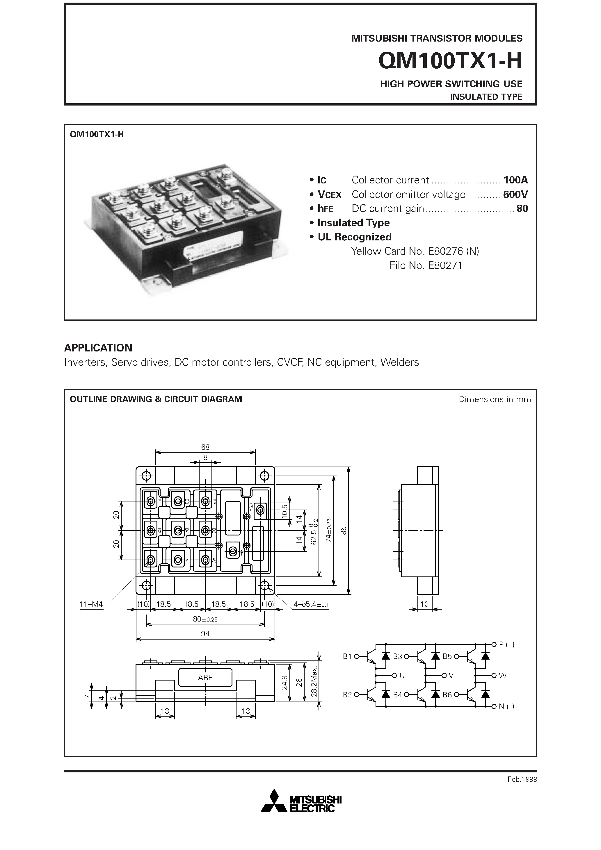 Даташит QM100TX1-H - HIGH POWER SWITCHING USE INSULATED TYPE страница 1