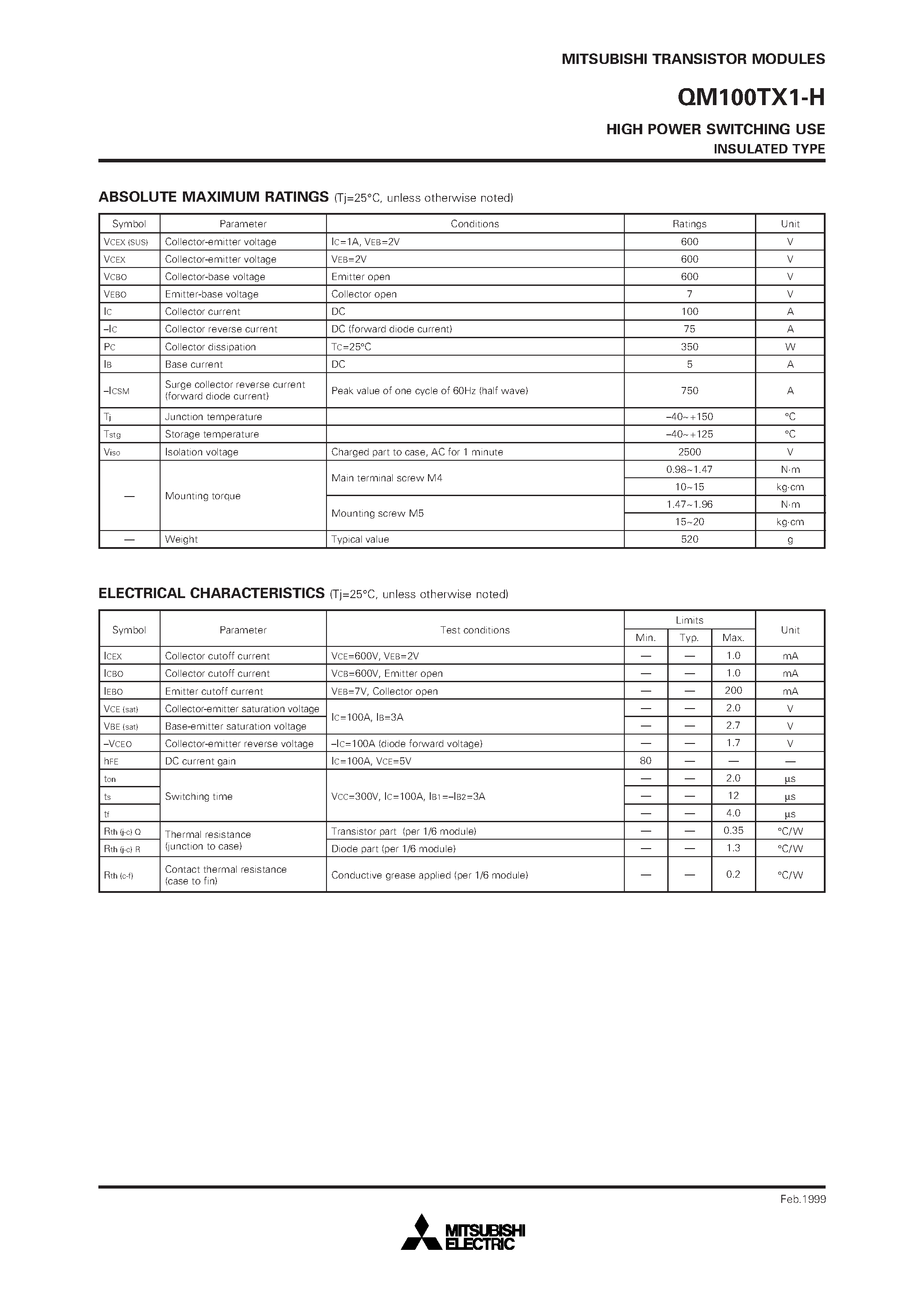 Даташит QM100TX1-H - HIGH POWER SWITCHING USE INSULATED TYPE страница 2