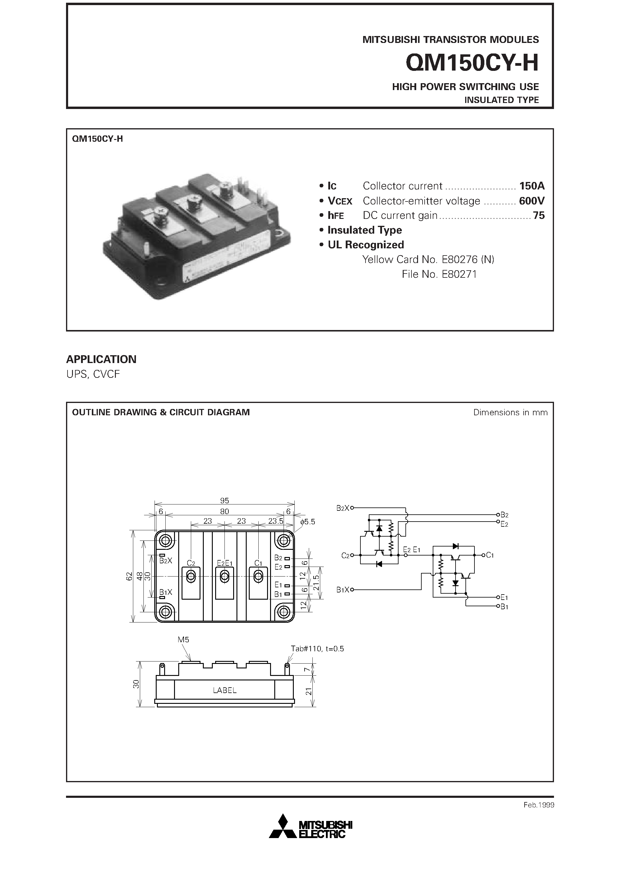 Даташит QM150CY-H - HIGH POWER SWITCHING USE INSULATED TYPE страница 1