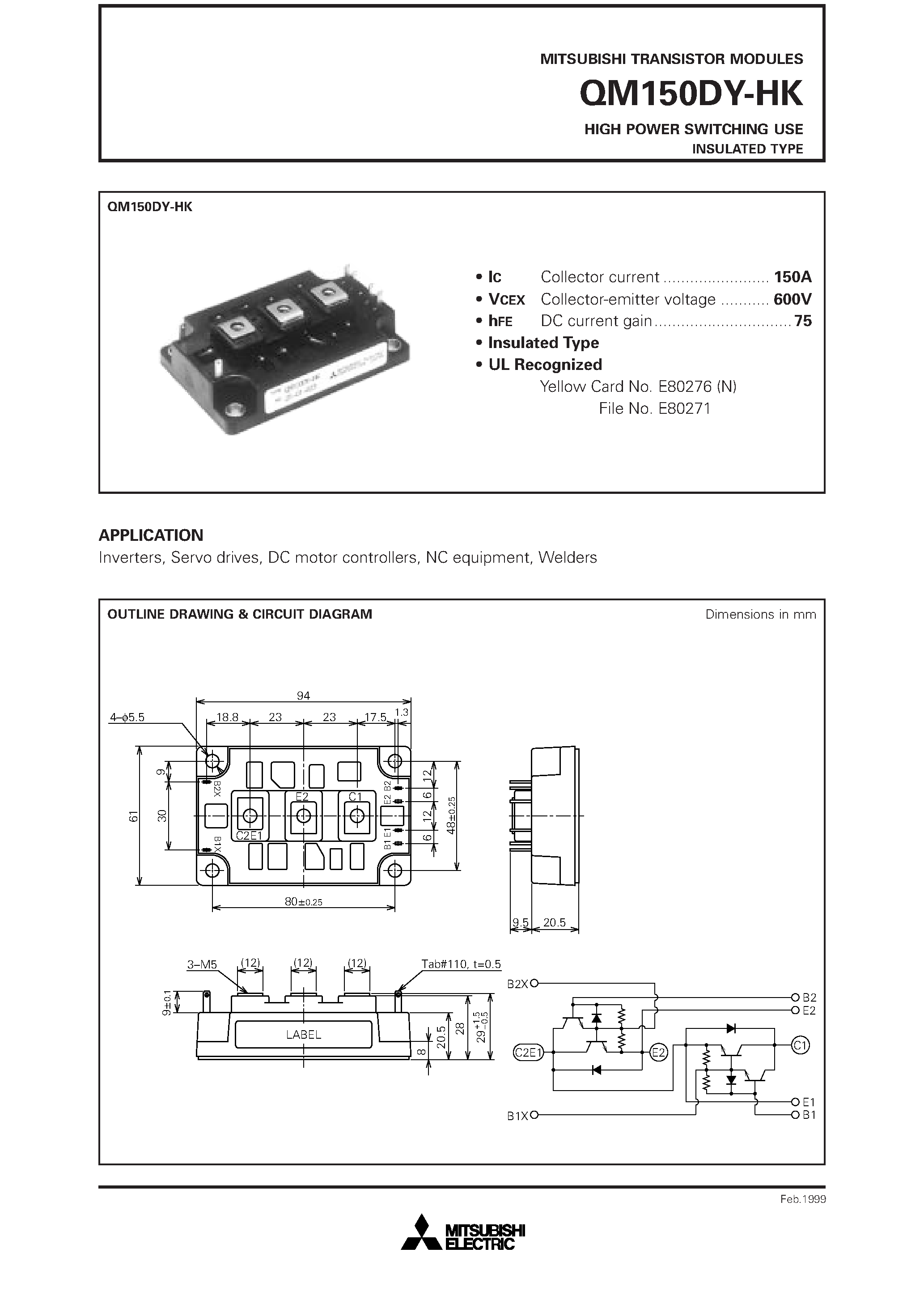 Даташит QM150DY-H - HIGH POWER SWITCHING USE INSULATED TYPE страница 1