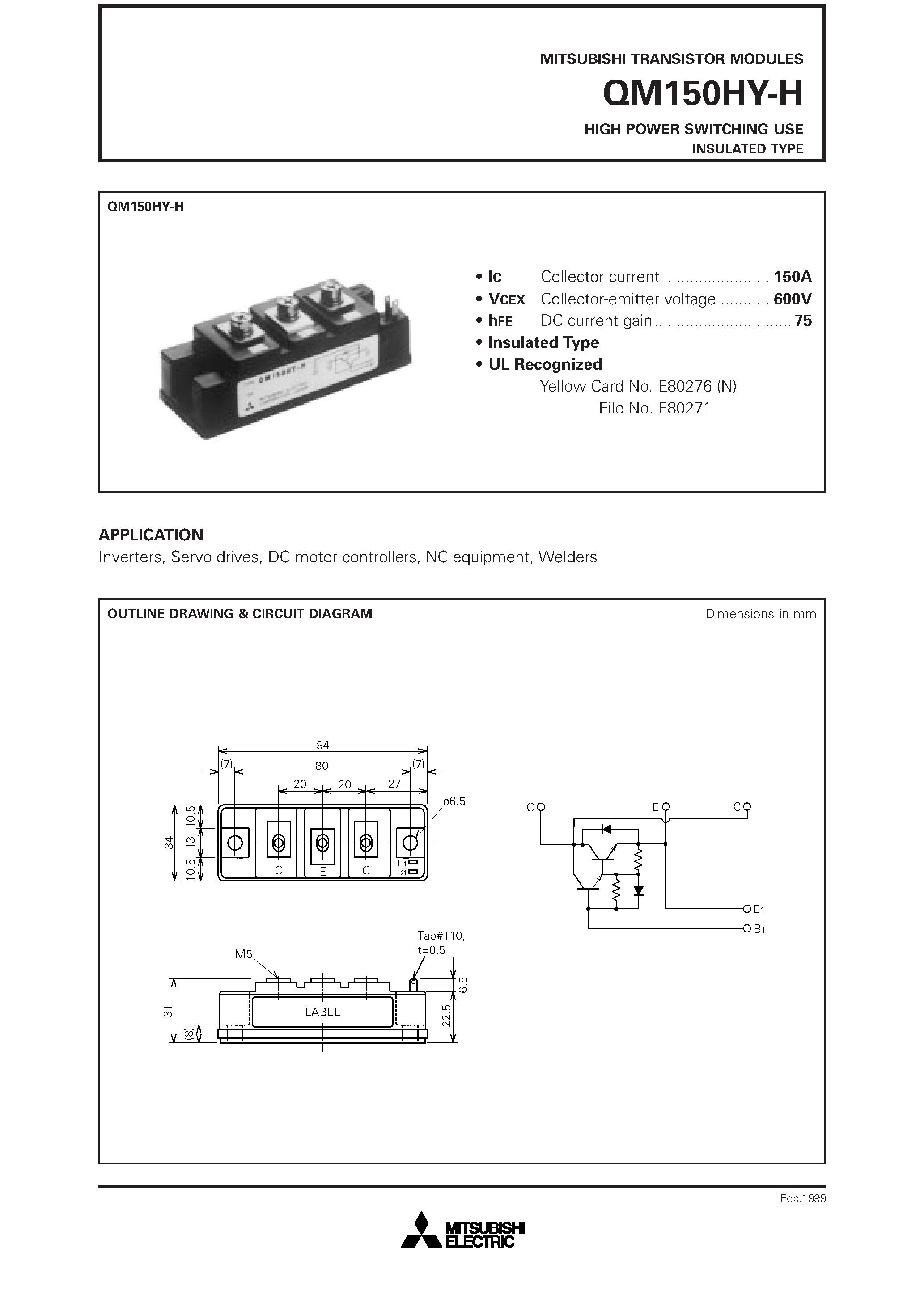 Даташит QM150HY-H - HIGH POWER SWITCHING USE INSULATED TYPE страница 1