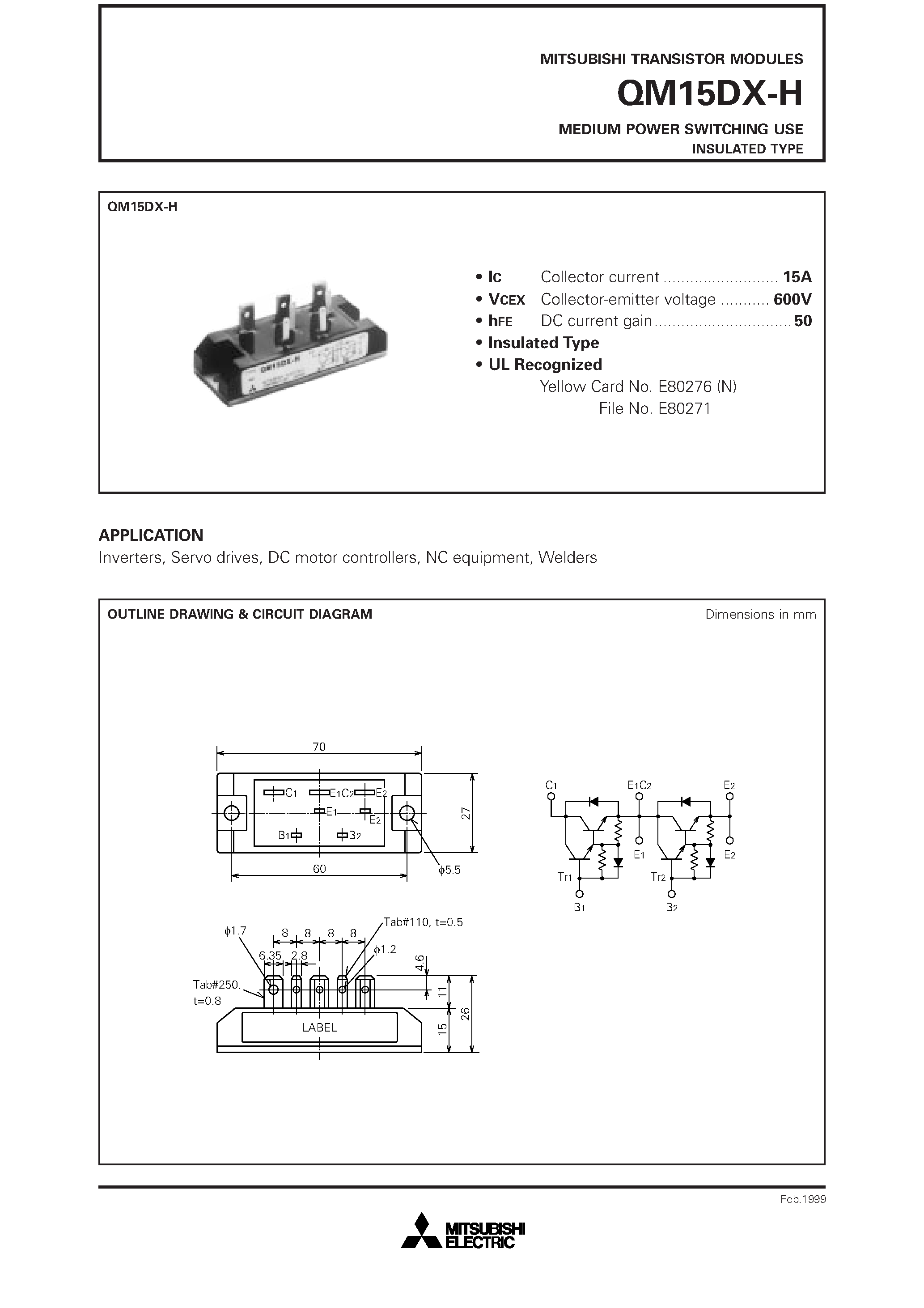 Даташит QM15DX-H - MEDIUM POWER SWITCHING USE INSULATED TYPE страница 1