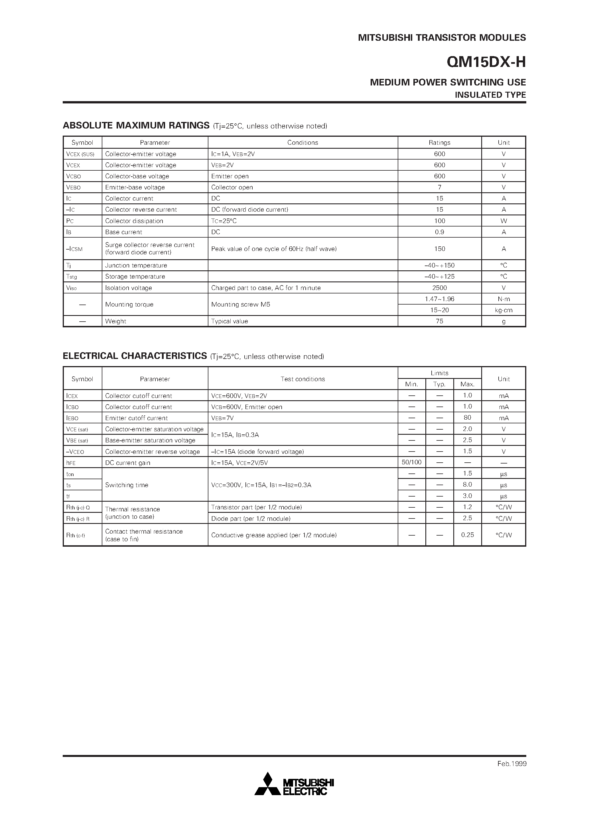 Даташит QM15DX-H - MEDIUM POWER SWITCHING USE INSULATED TYPE страница 2