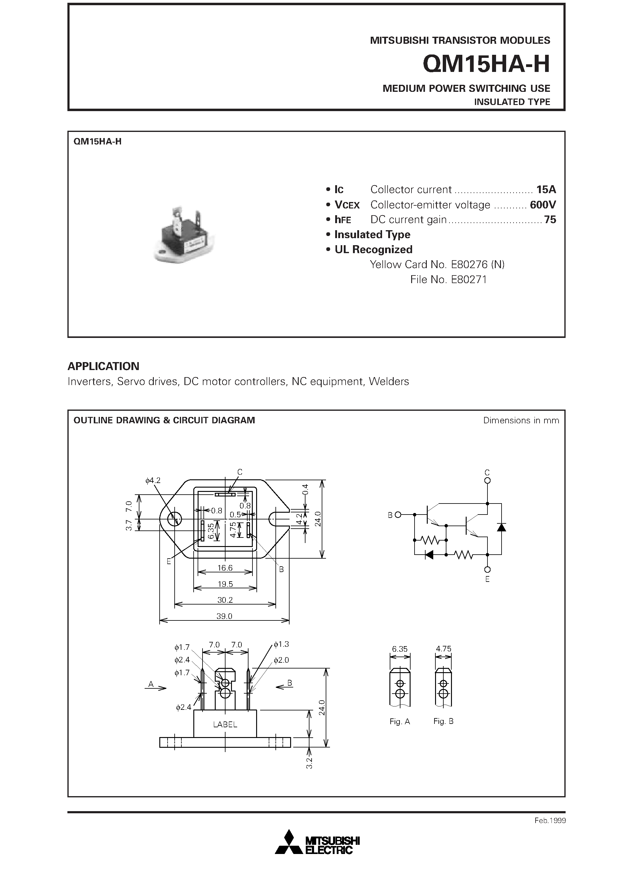 Даташит QM15HA-H - MEDIUM POWER SWITCHING USE INSULATED TYPE страница 1