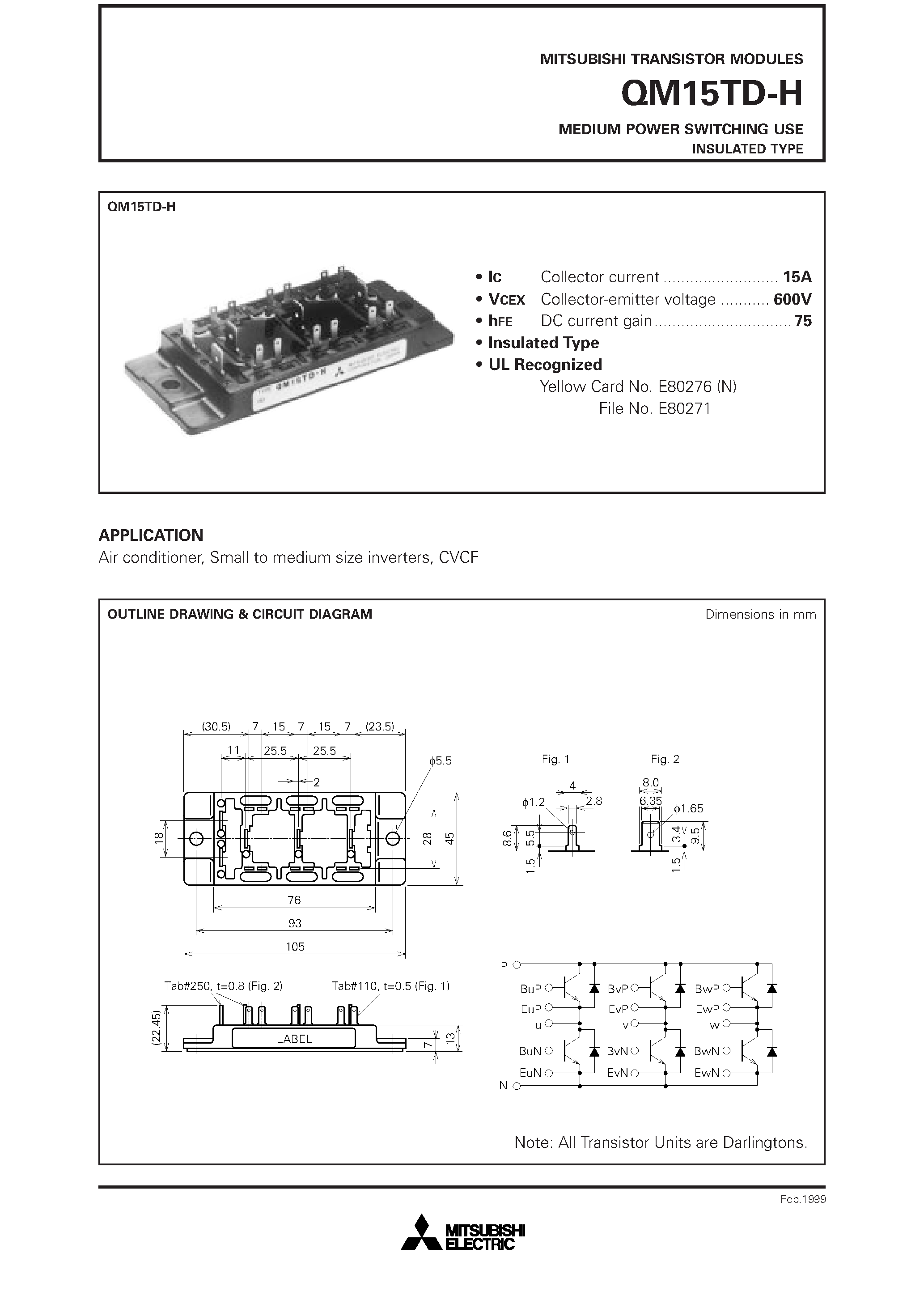 Даташит QM15TD-H - MEDIUM POWER SWITCHING USE INSULATED TYPE страница 1